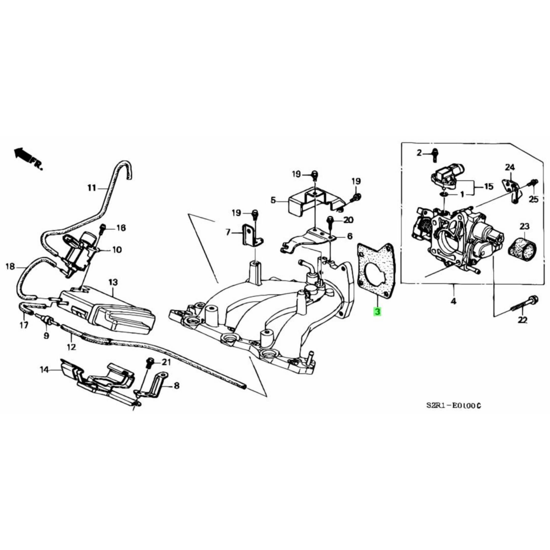 Honda Acty HA6, HA7 throttle body gasket placement diagram for accurate installation on the E07Z engine.