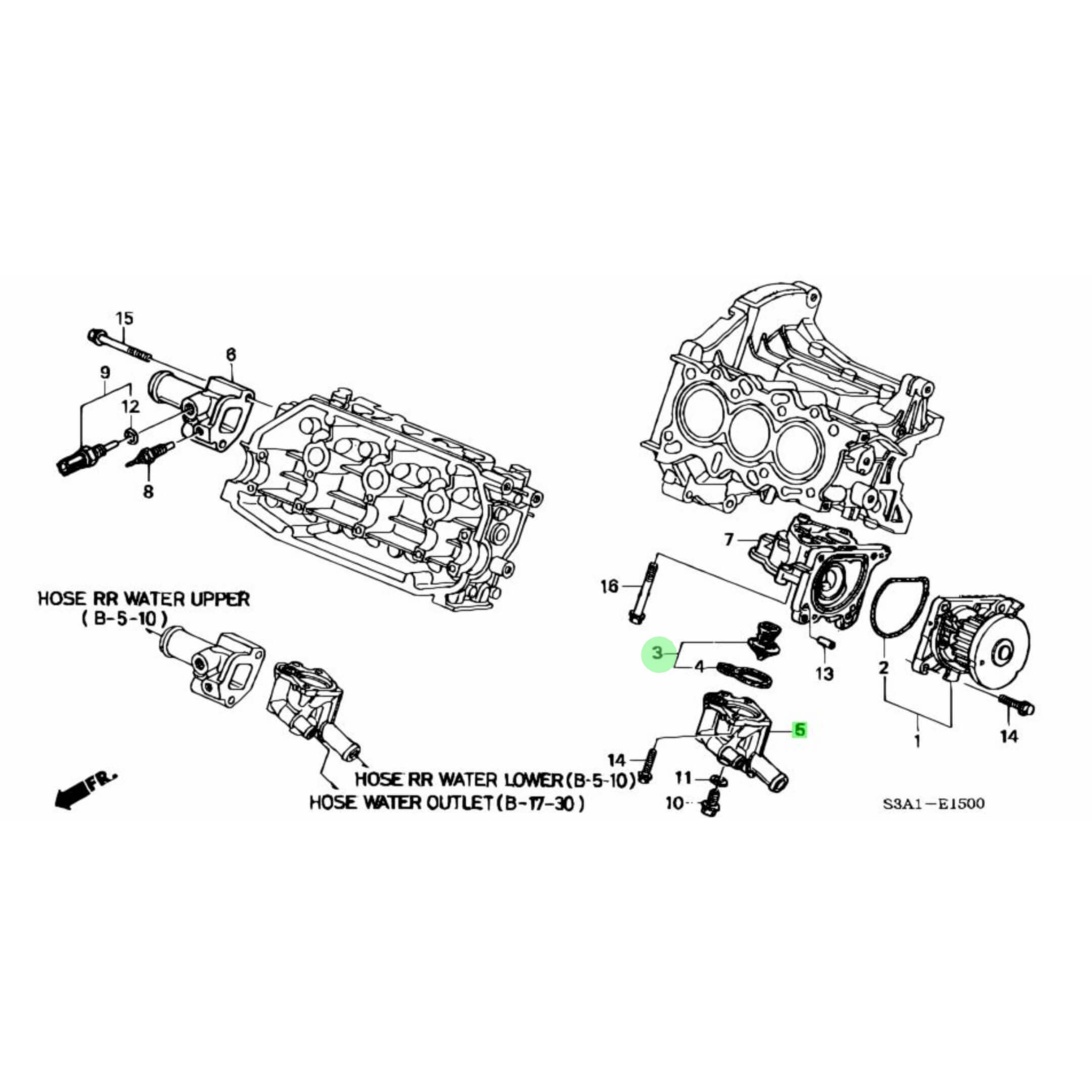 Exploded diagram showing the placement and integration of the thermostat housing in Honda Acty Truck HA6, HA7 cooling systems.