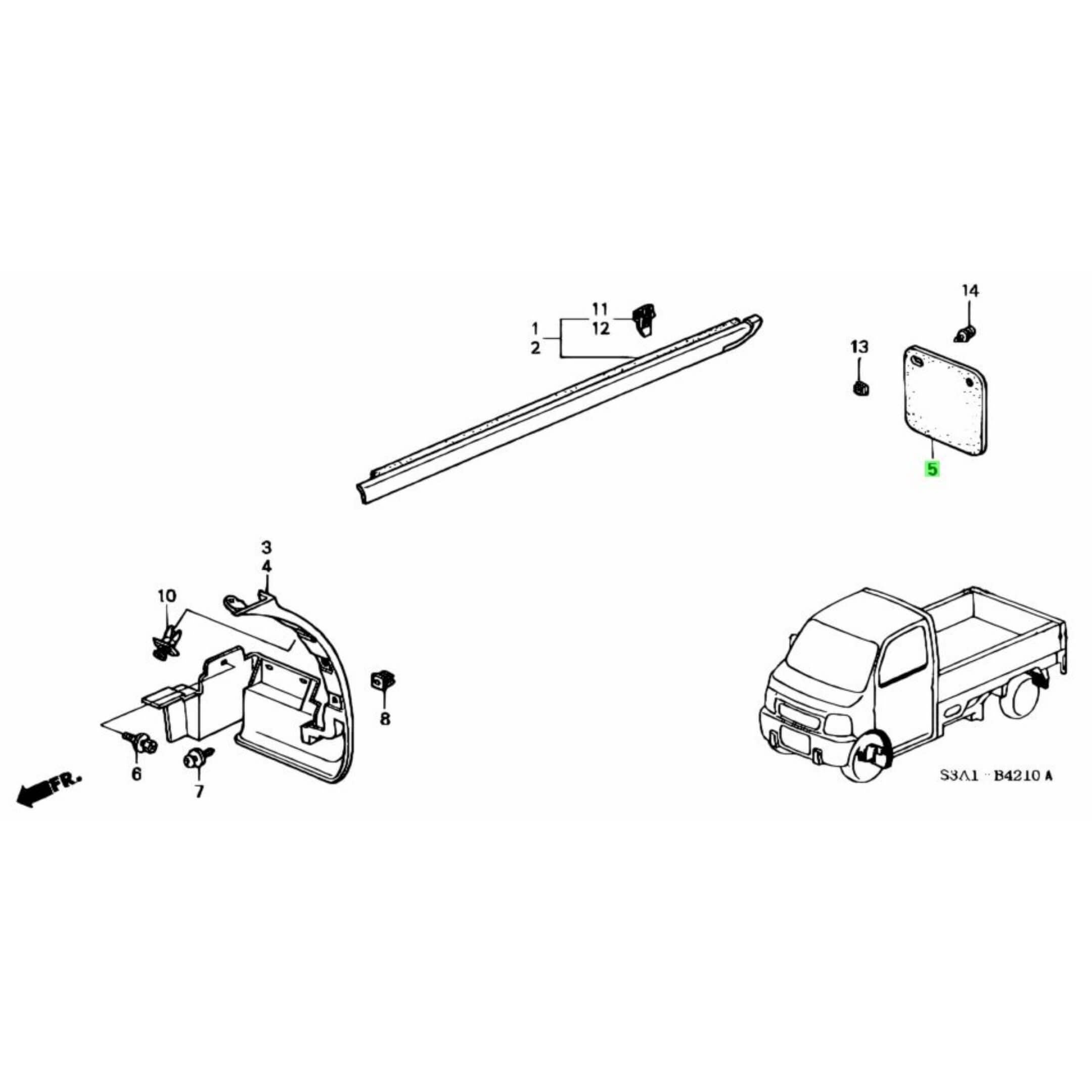 Diagram of OEM Honda Rear Mudguard Set for HA6, HA7 Acty Trucks - 1999-2009 - Easy Installation