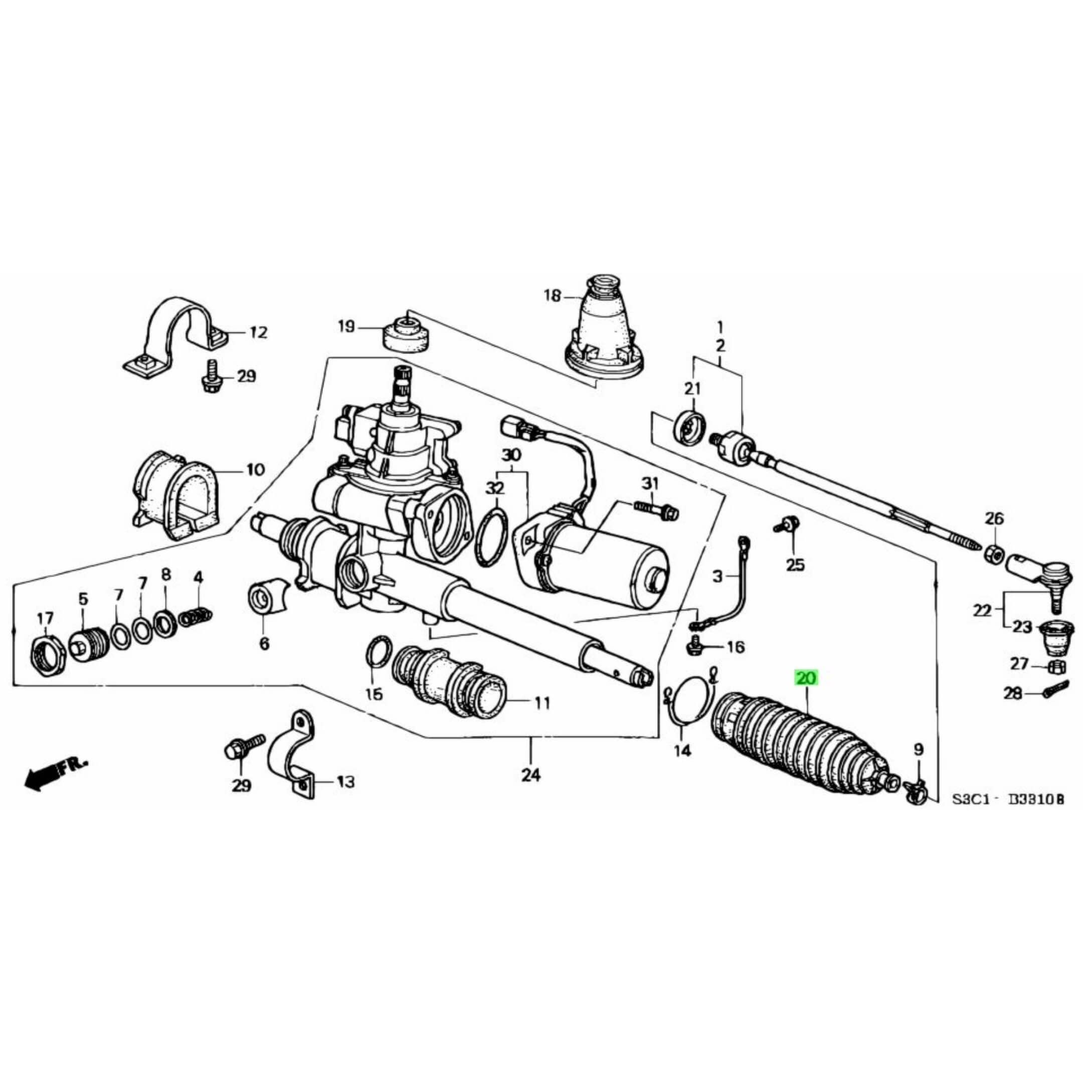 Technical diagram of a steering rack boot for Honda Acty Truck HA8, HA9 models (2009-2022), highlighting part number 20 in a detailed schematic.