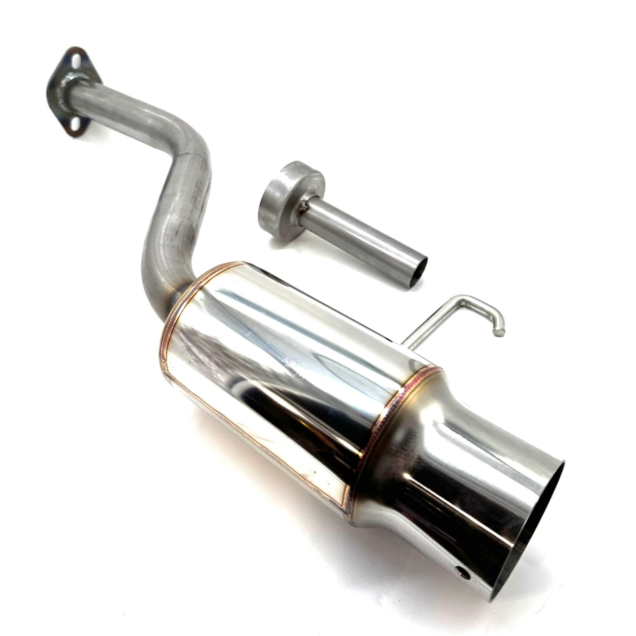 Side view of Hisawa Giga N1 Muffler - half stainless steel variant for Honda Acty Truck, showing sleek, straight exhaust design