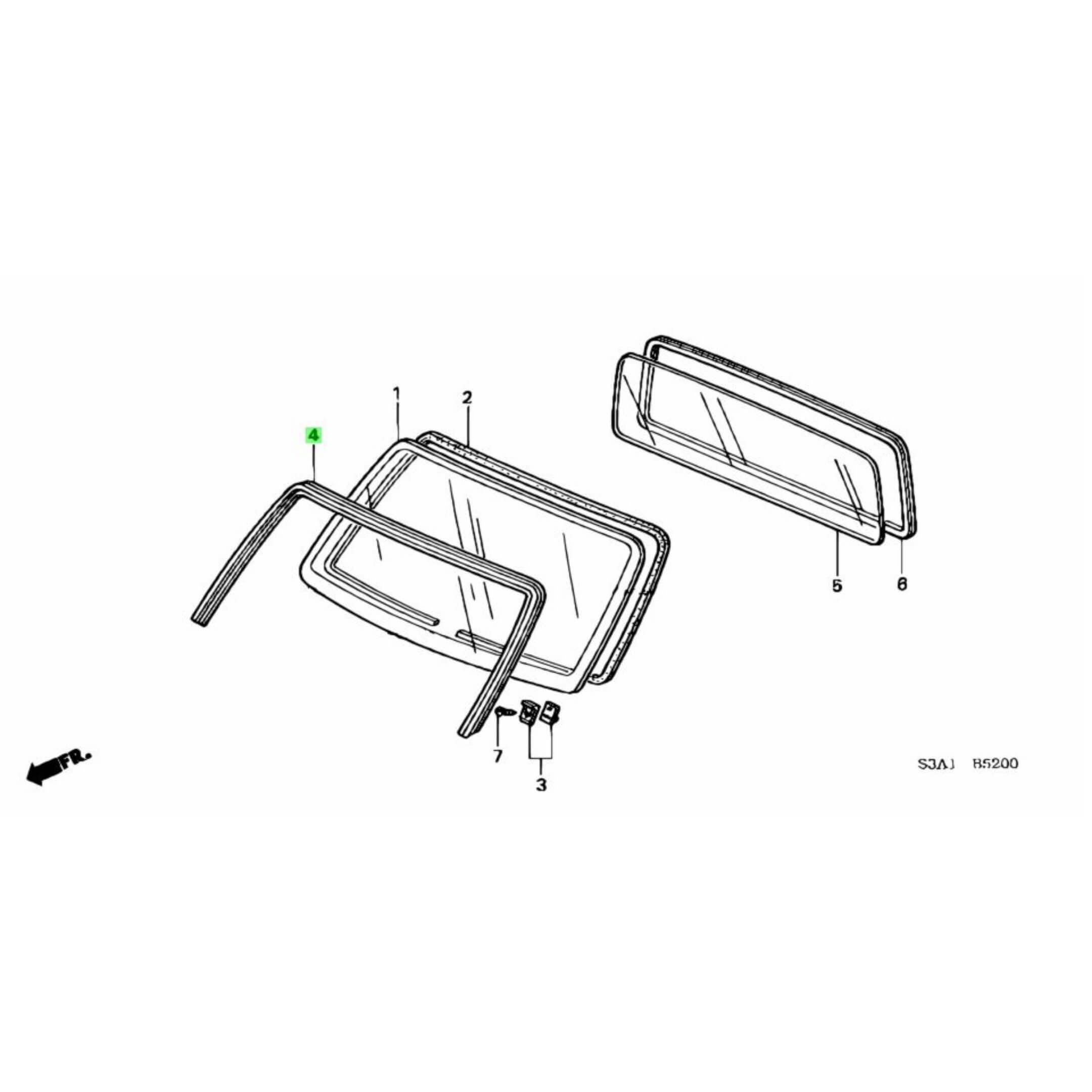 Exploded diagram of Honda Acty Truck HA6, HA7 windshield molding and related components for precise replacement, covering years 1999-2009.