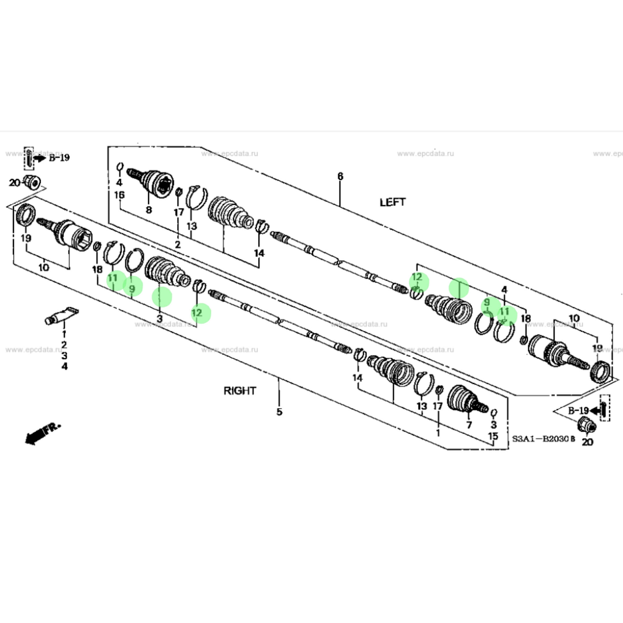 Exploded diagram indicating the placement of the rear outer CV boot on Honda Acty HA6, HA7 models (1999-2009).