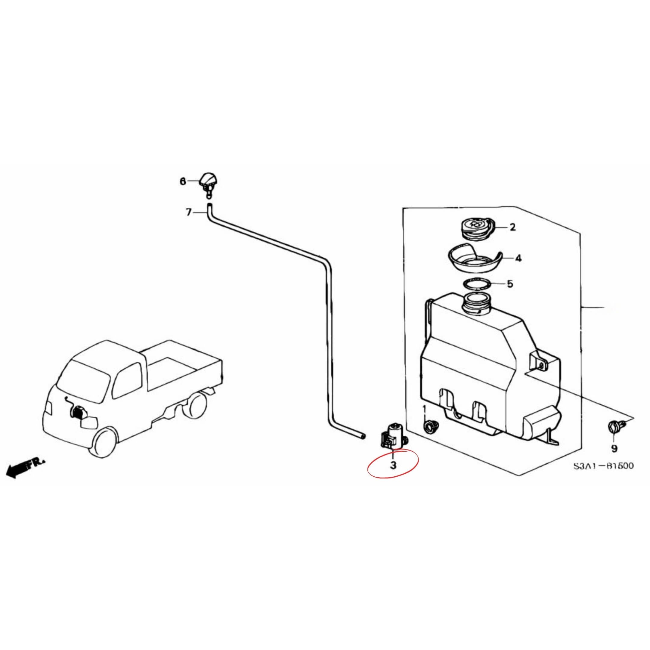 Technical diagram of the windshield washer pump motor for Honda Acty Van HH5, HH6 models (1999-2009), highlighting part number 3 in the schematic.