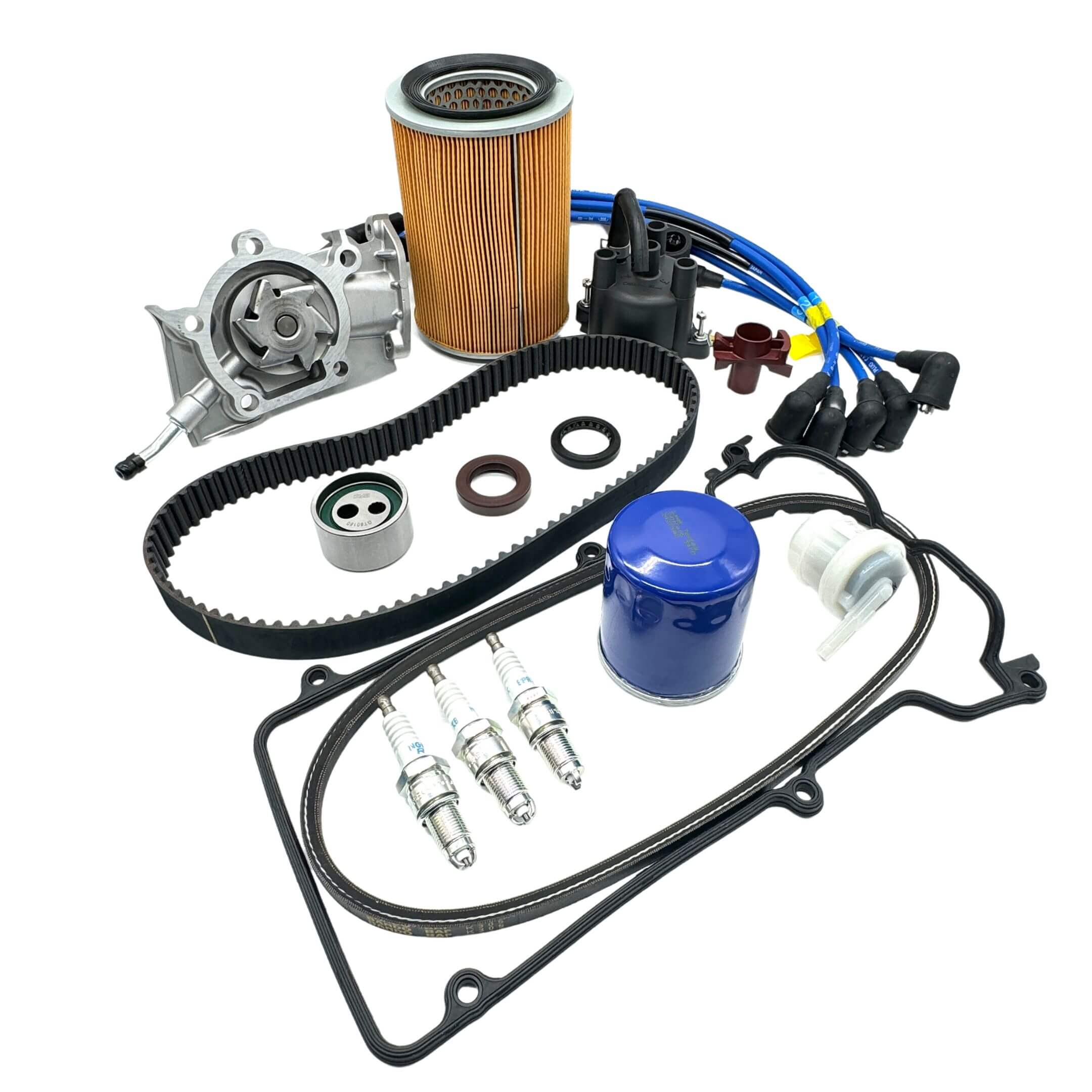 Comprehensive Daihatsu Hijet Timing Belt Kit with filters, spark plug wire kit, distributor components, and seals for S100P/S110P models (1994-1998).