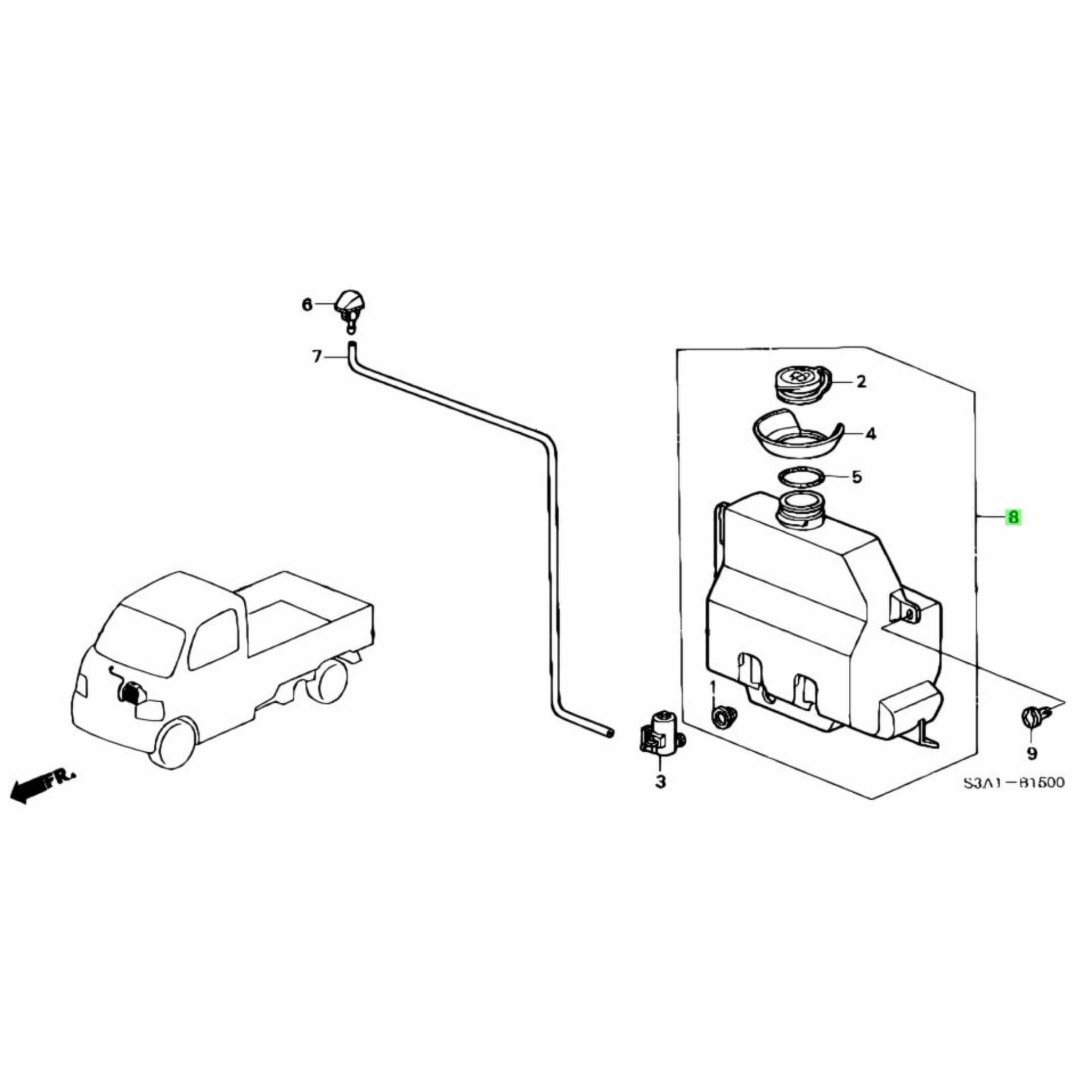 Technical diagram of a windshield washer tank for Honda Vamos Van HM1, HM2 models (1999-2018), featuring detailed parts and connections.