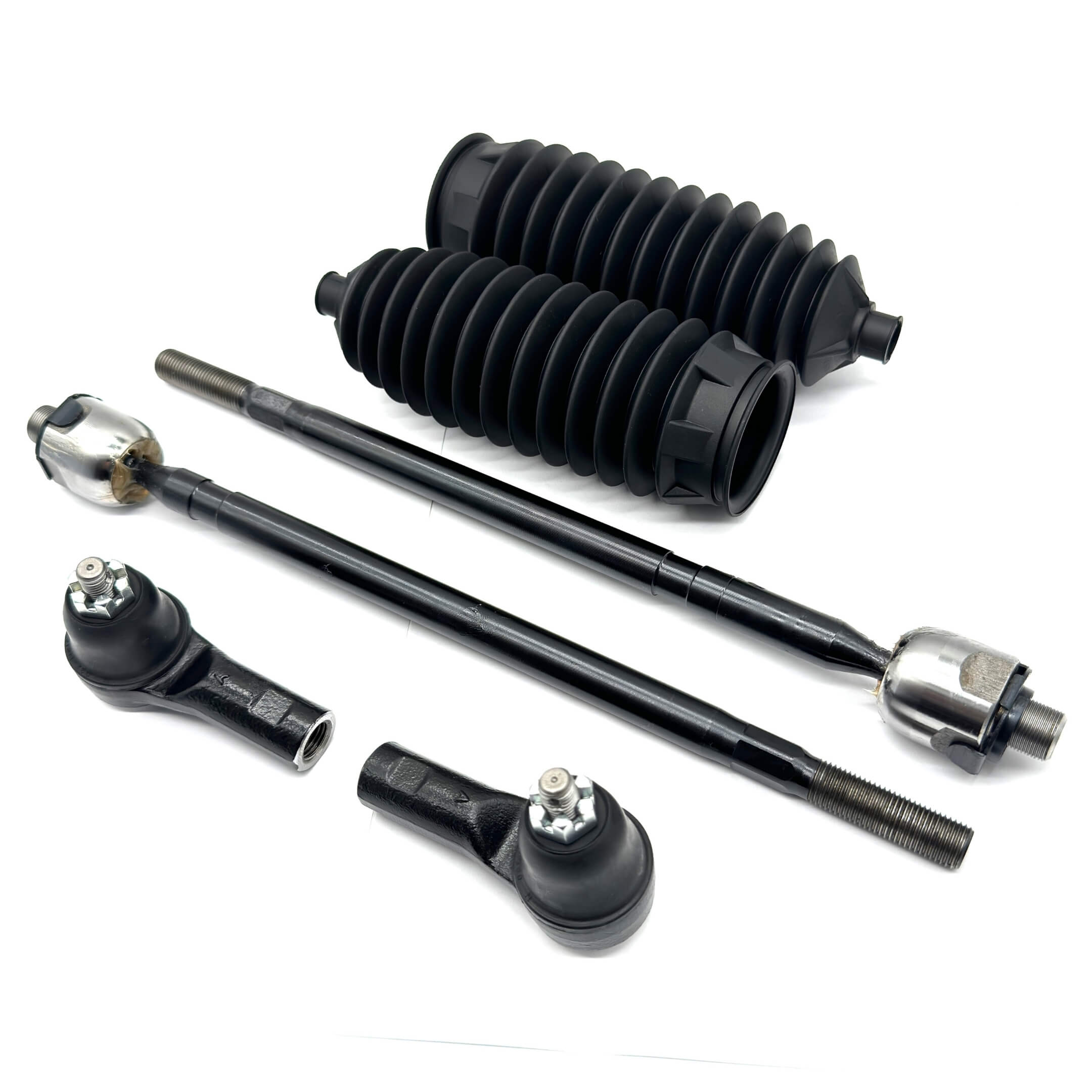 Steering Upgrade Kit - 6 Piece, featuring black inner and outer tie rods and steering rack boots for Honda Acty Van HH5, HH6 models (1999-2009).