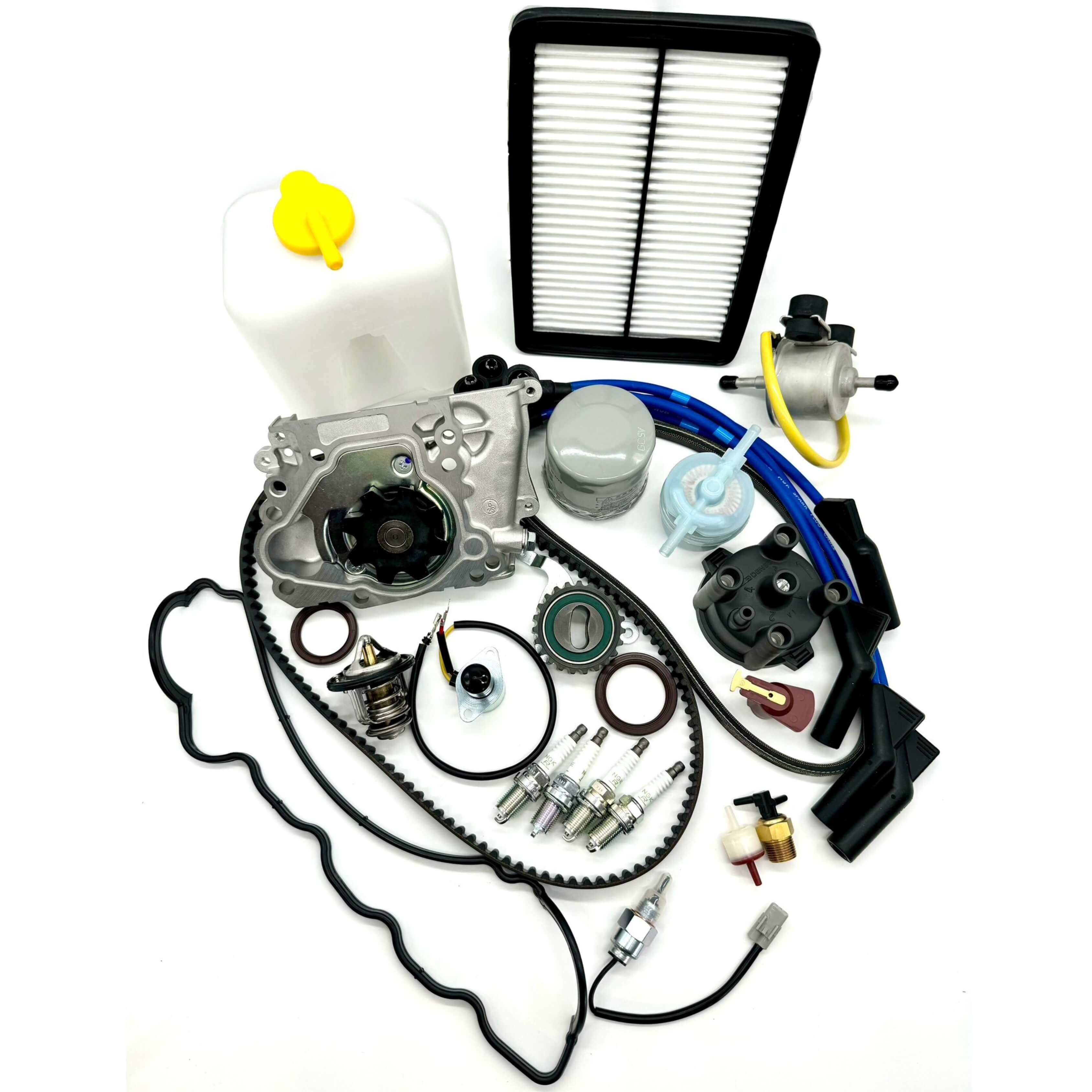 Complete 27-piece timing belt replacement kit for Subaru Sambar KV3 KV4 1990-1998 featuring high-quality timing belt, tensioner pulley, cam and crank seals, water pump with gasket, alternator belt, thermostat, valve cover gasket, full filter set, spark plugs with ignition components, coolant tank, solenoid valves, fuel pump, 2-prong thermo valve, and vacuum delay