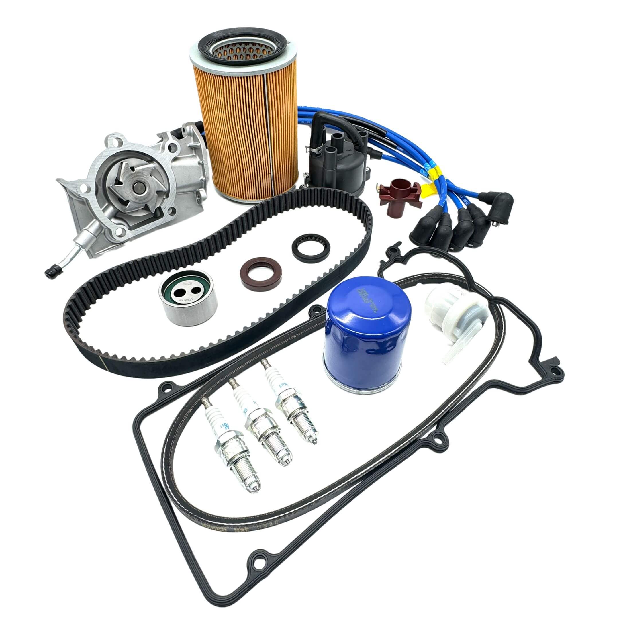 19-piece Daihatsu Hijet Timing Belt Kit for EFES, EFTS engines, featuring timing belt, alternator belt, water pump, filters, distributor cap, and spark plugs.