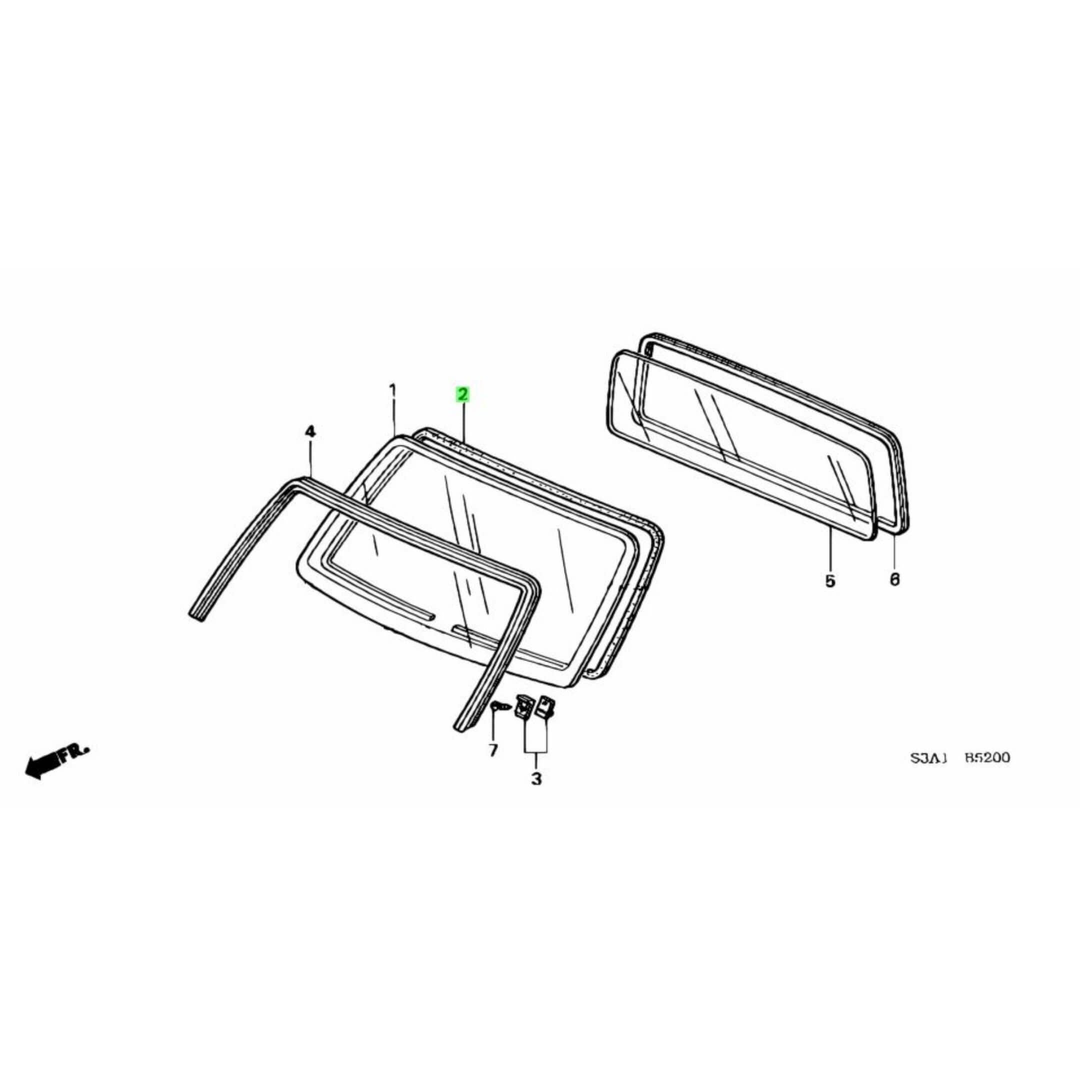 Technical diagram of black windshield molding for Honda Vamos Van HM1, HM2 models, 1999-2018.