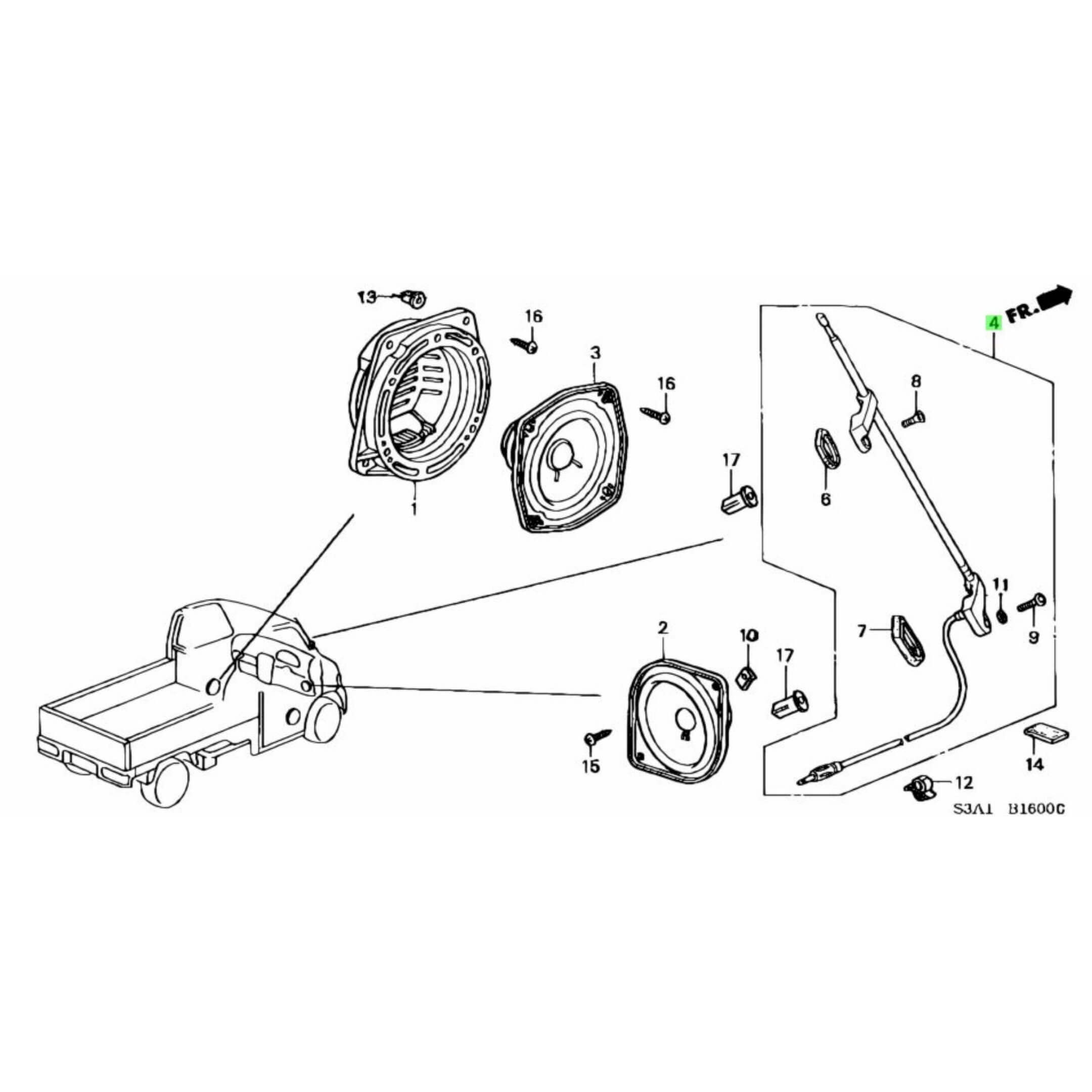 Illustration diagram of Honda Acty Truck antenna assembly for HA6, HA7 models (1999-2009).