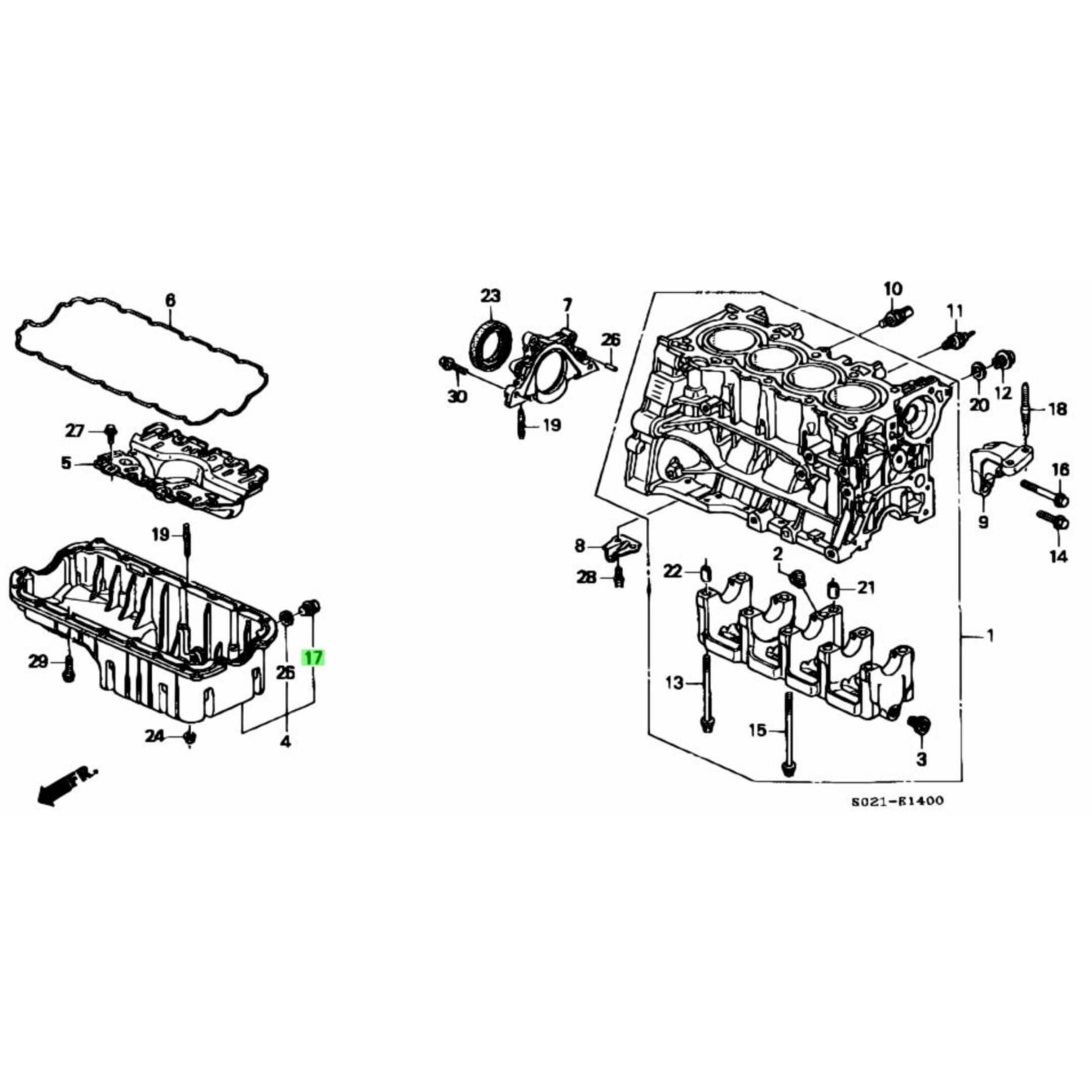 Technical diagram of Oil Drain Plug & Gasket Set for Honda Acty Truck HA3, HA4 Models (1990-1999), showcasing detailed parts layout.