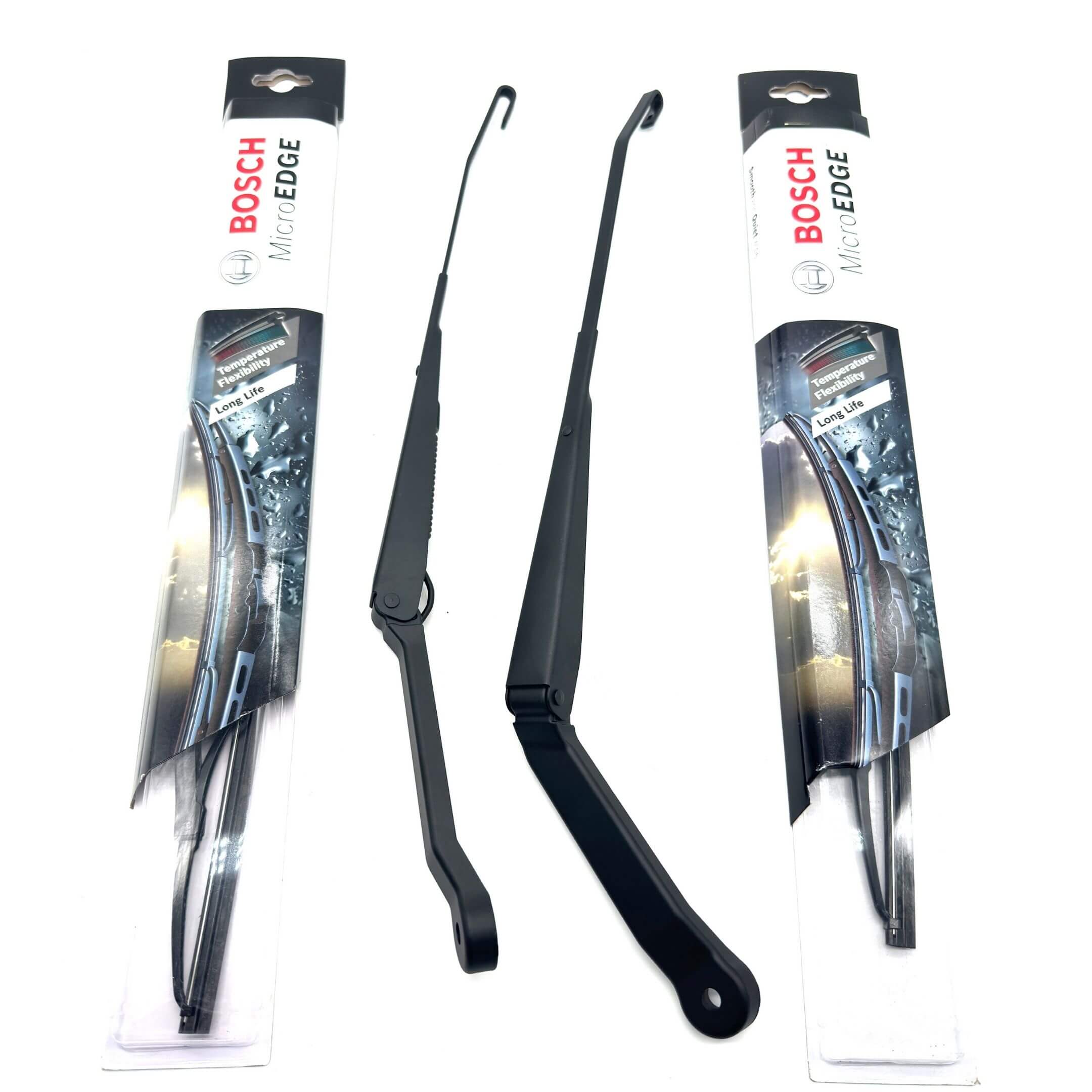 Honda Acty HA6, HA7 wiper arm set (1999-2009) with Bosch Microedge windshield wipers, providing durable and streak-free wiping performance."