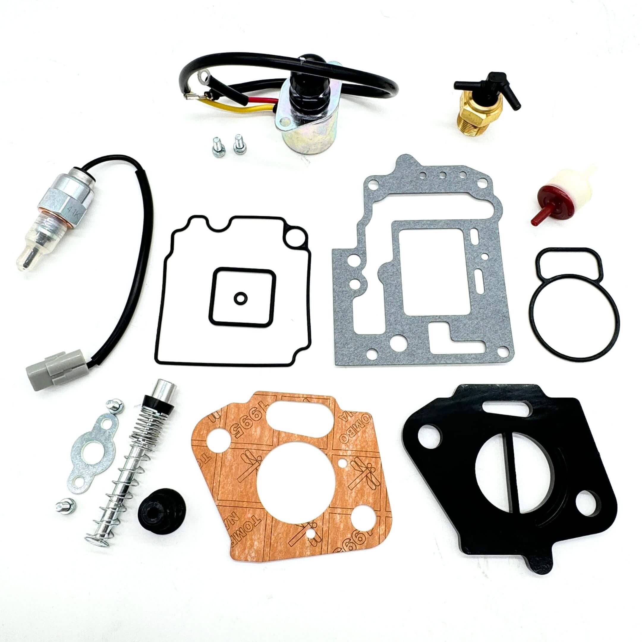 Complete Subaru Sambar KS3, KS4 carburetor gasket set featuring gaskets, valves, and solenoids for reliable rebuild