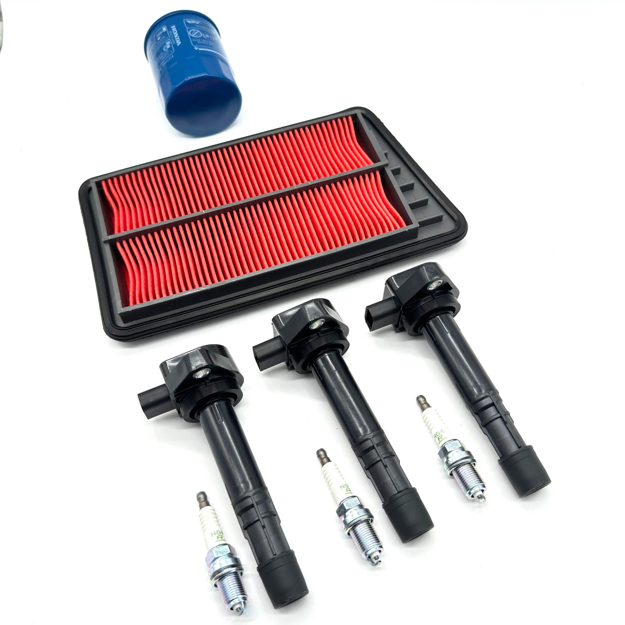 Filter & Ignition Set for Honda Vamos Van HM1, HM2 Models 1999-2018 featuring a red air filter, blue oil filter, and black ignition coils with spark plugs.