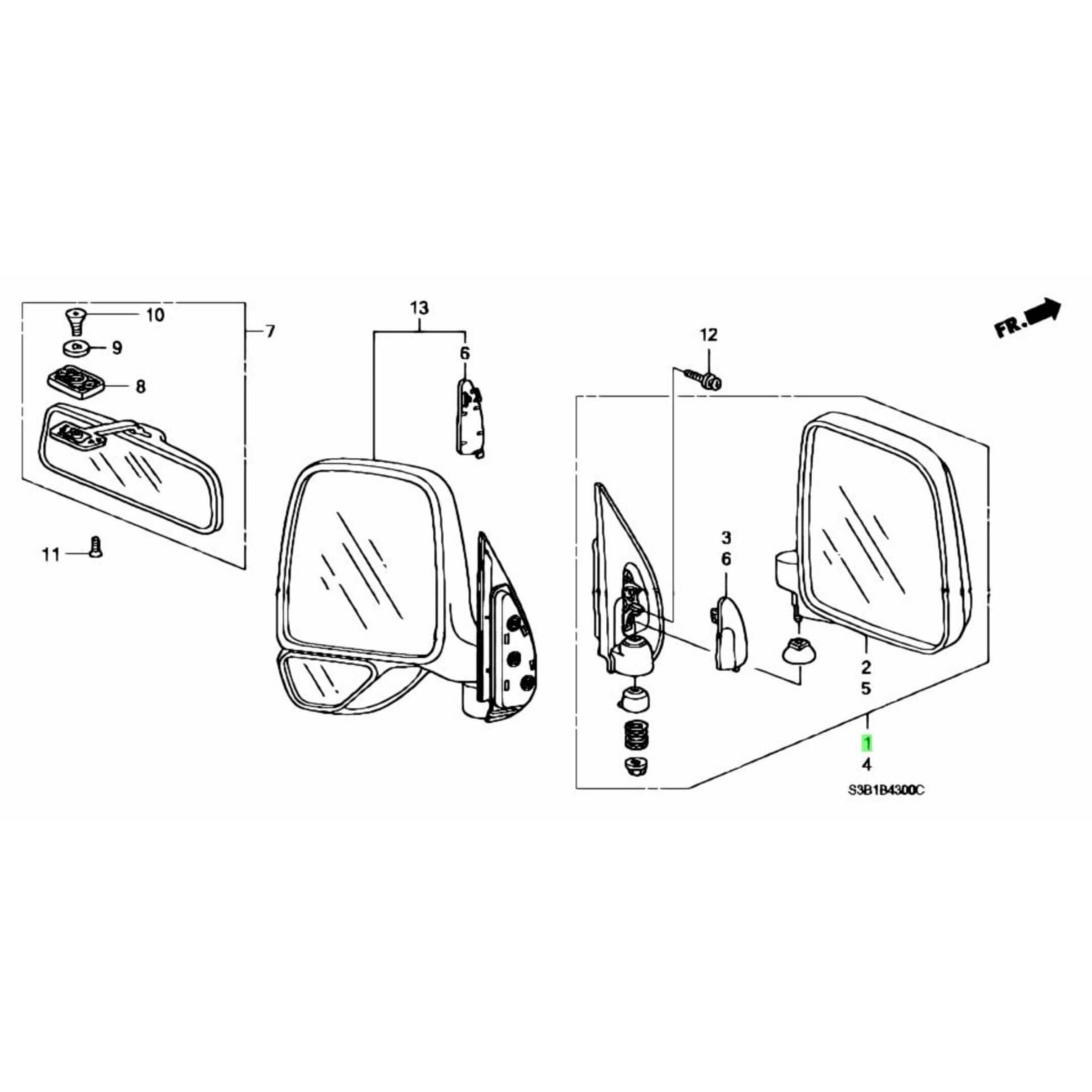 Diagram of Driver Side Door Mirror for Honda Acty Truck HA6 HA7 showing part number and installation."