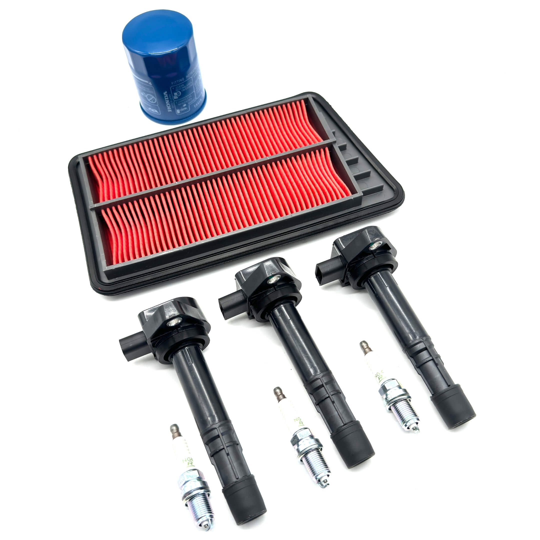 Filter & Ignition Set for Honda Vamos Van HM1, HM2 (1999-2018) featuring a red air filter, blue oil filter, ignition coils, and spark plugs.