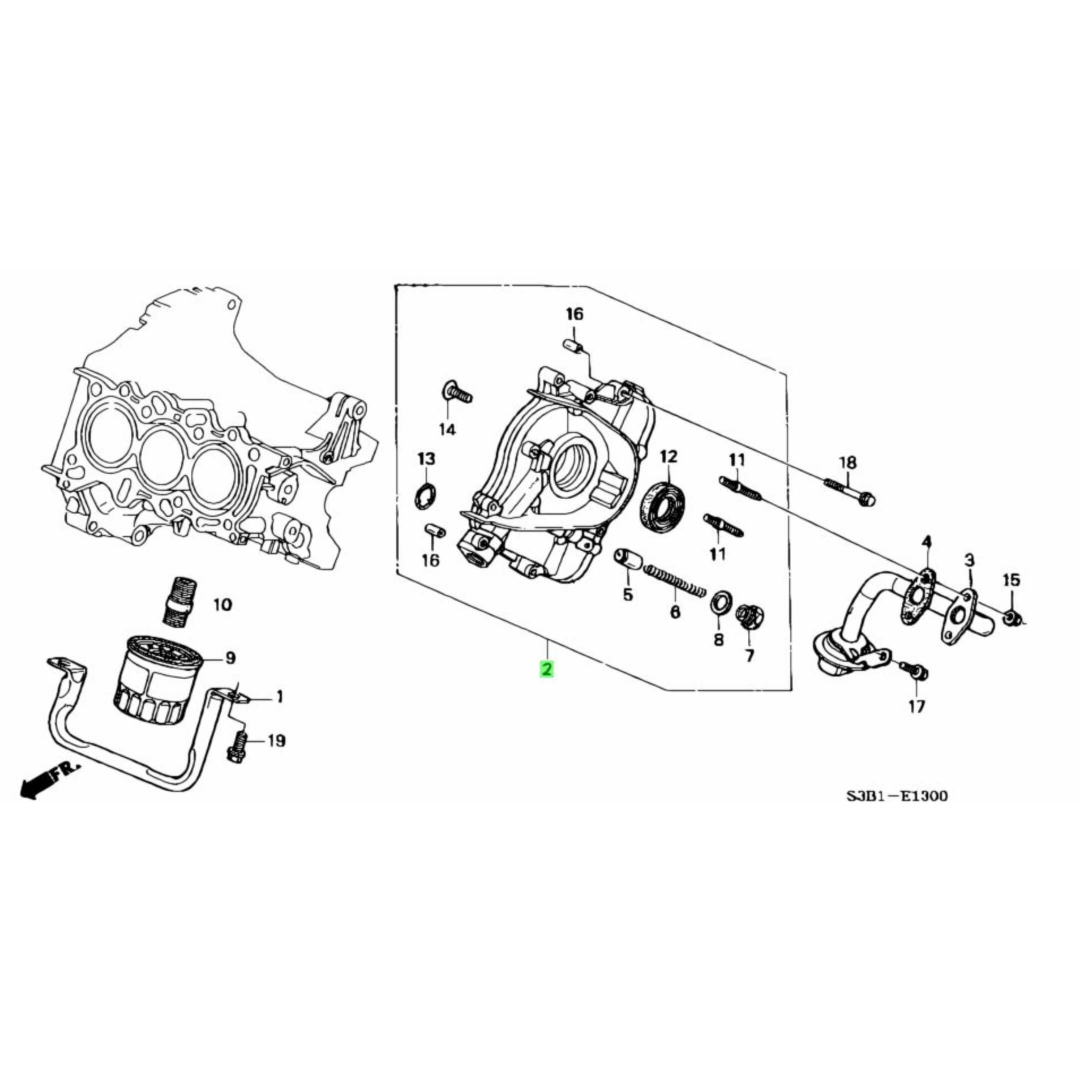 Technical diagram of a genuine oil pump for Honda Acty Truck HA6, HA7 models (1999-2009), showcasing detailed components and assembly layout.