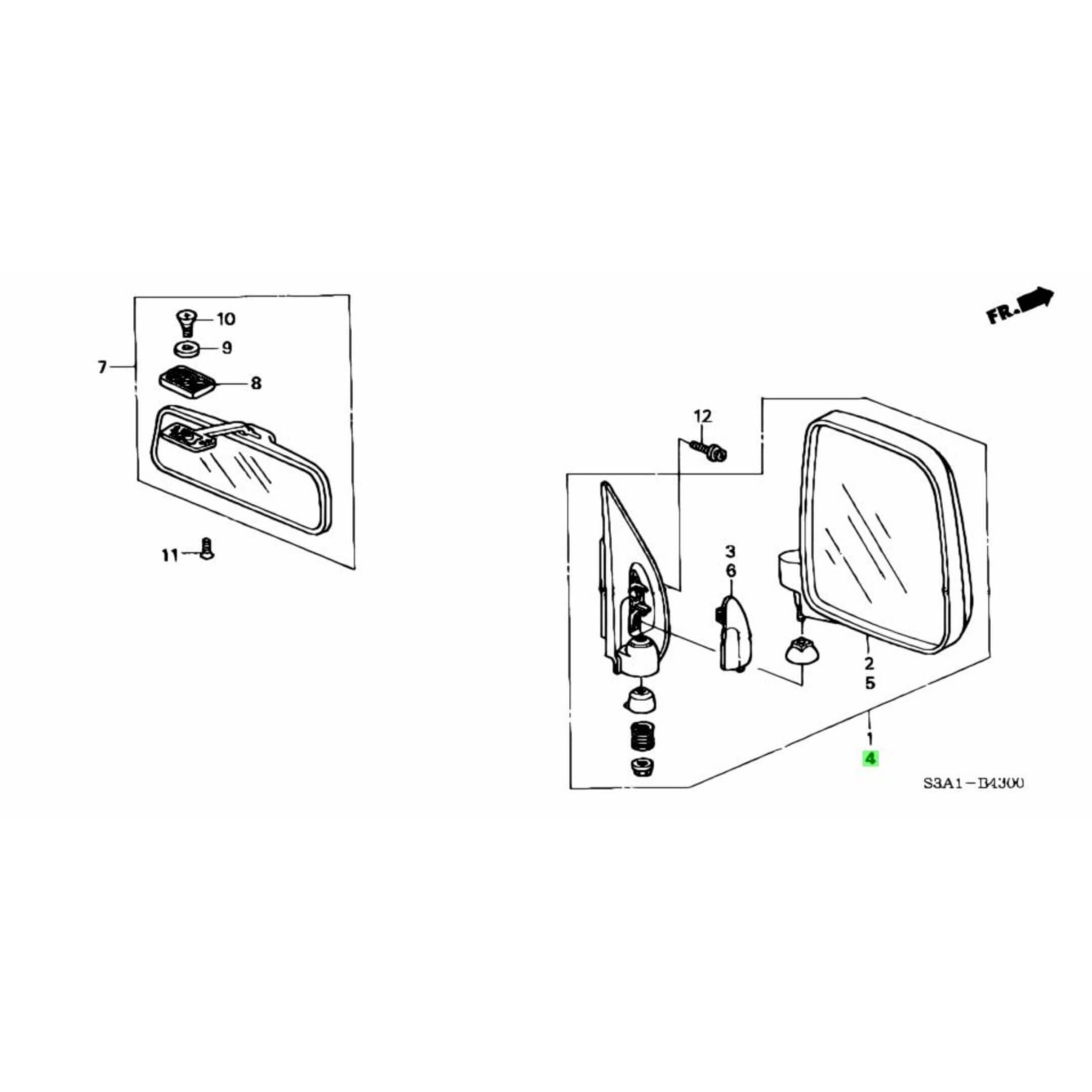 Technical diagram of a passenger side door mirror for Honda Vamos Van HM1, HM2 models (1999-2018), showcasing assembly components.