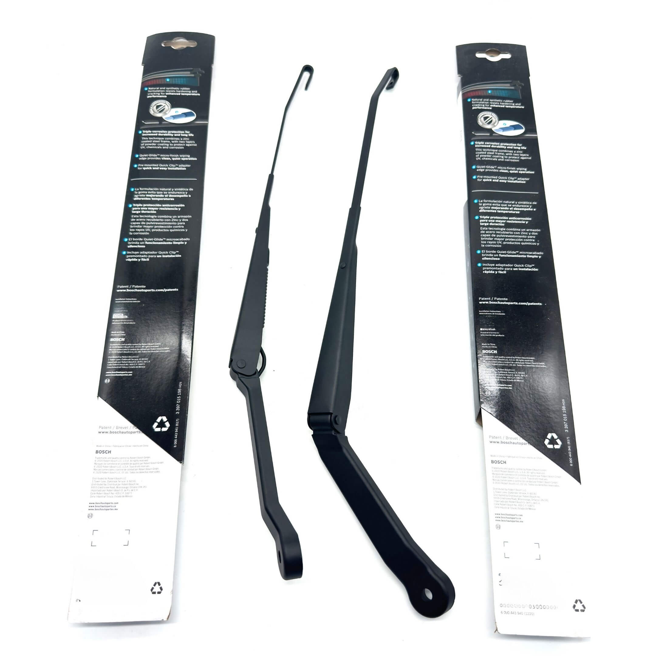 Rear view of Honda Acty HA6, HA7 wiper arm set with Bosch Microedge windshield wipers, featuring high-performance rubber blades for clear visibility.