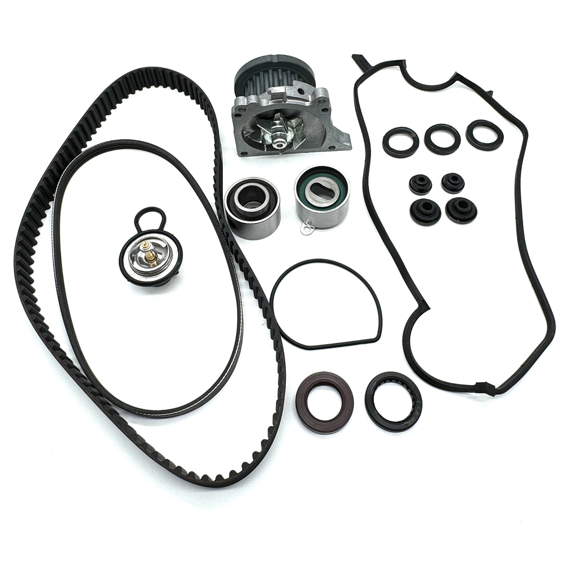 Timing Belt Kit - 16 Piece for Honda Vamos Van HM1, HM2 Models (1999-2018) featuring black belts, bearings, and seals in a technical parts schematic.