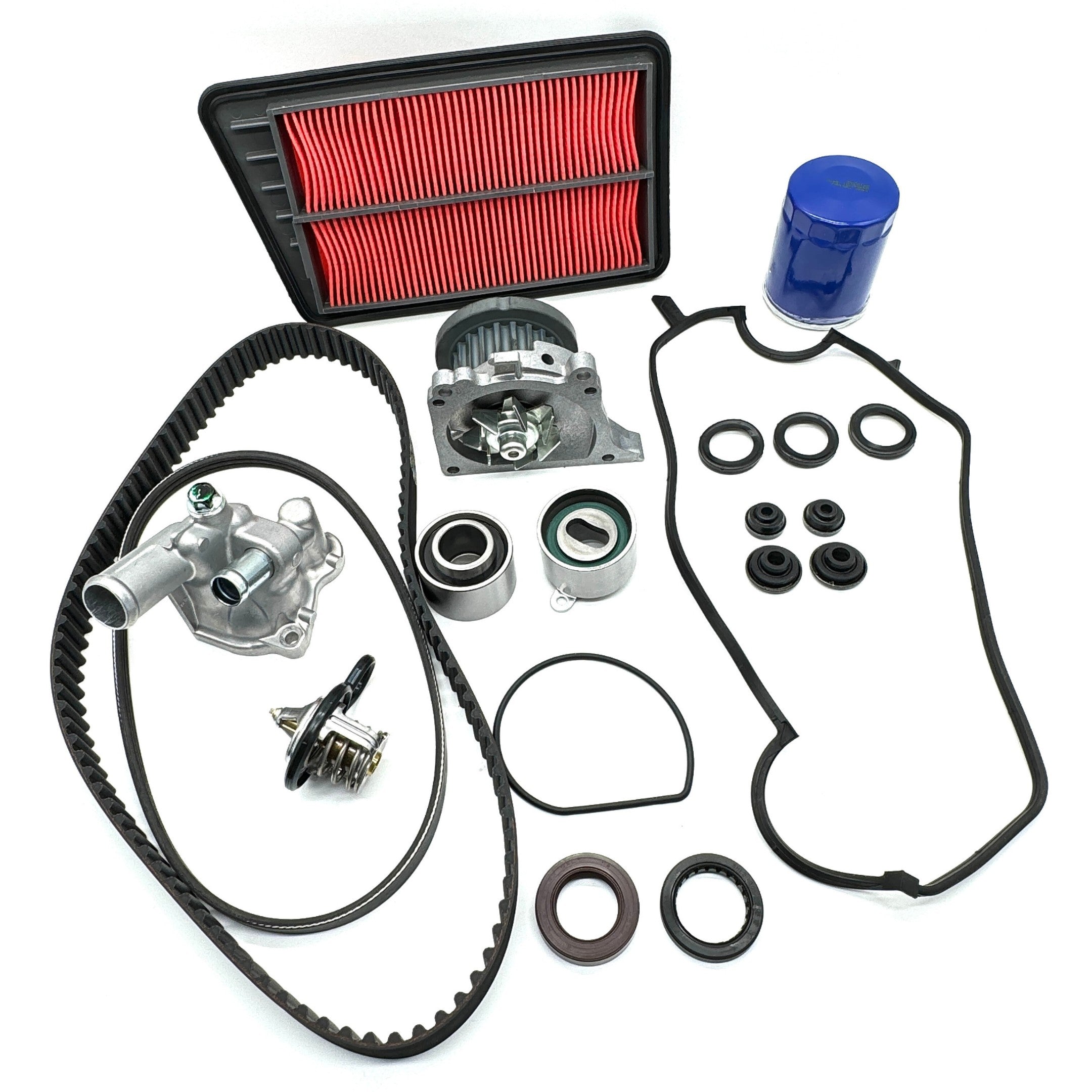 Timing Belt Kit - 19 Piece for Honda Vamos Van HM1, HM2 Models (1999-2018), featuring essential components like a red air filter, blue oil filter, and black gaskets.