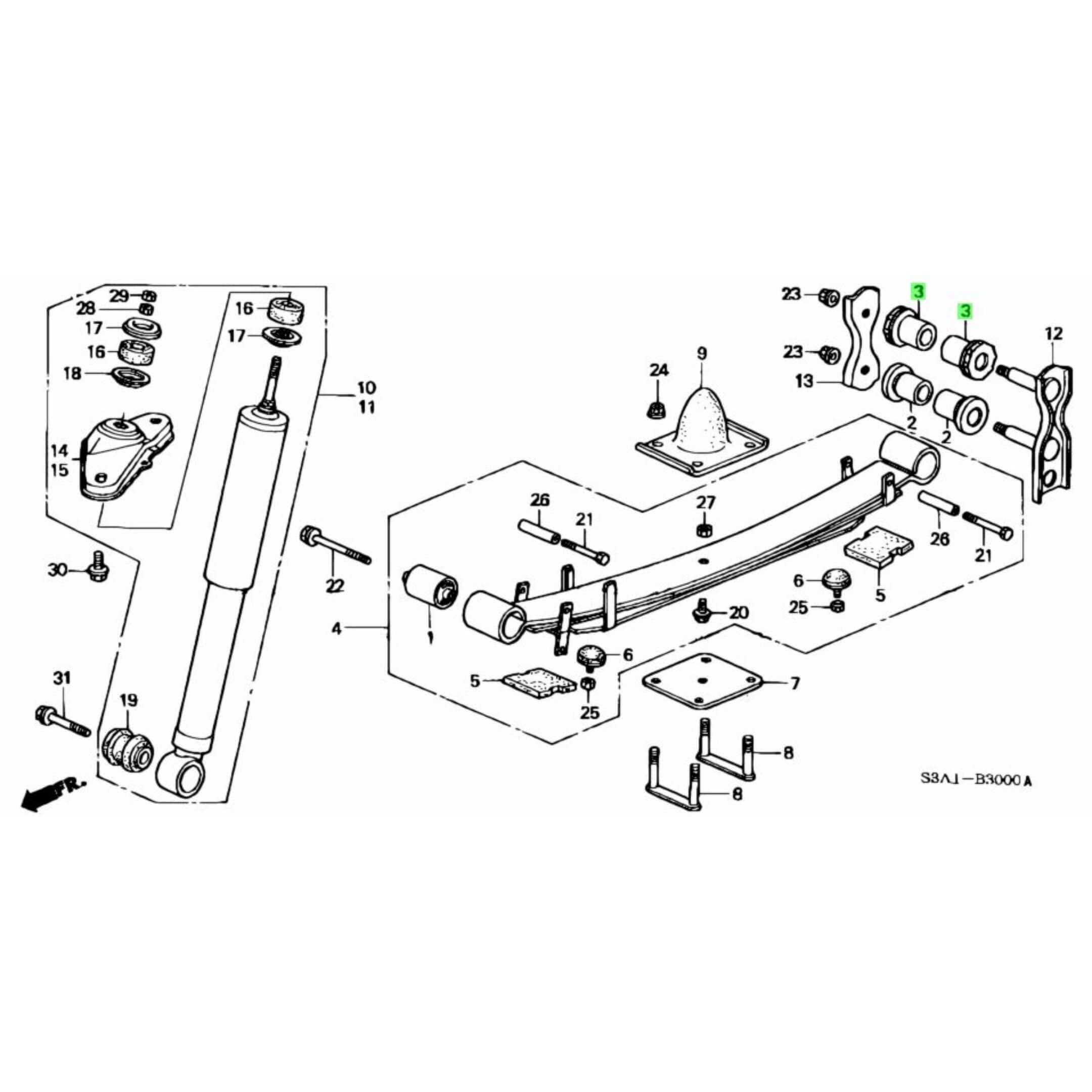 Honda Acty Truck HA6, HA7 (1999-2009) rear leaf spring diagram highlighting the placement of top bushings in the suspension assembly, genuine Honda part.