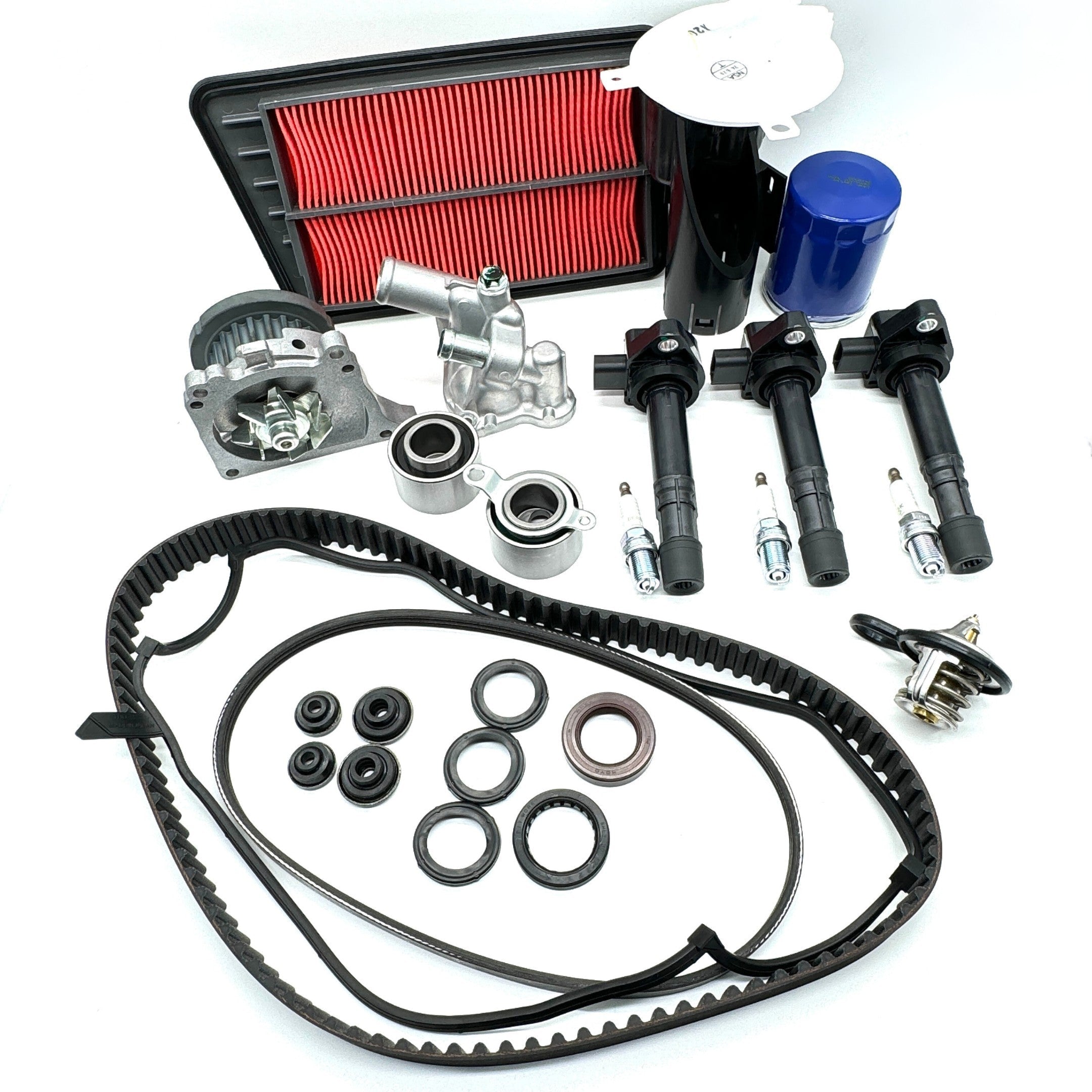 Timing Belt Kit - 26 Piece for Honda Vamos Van HM1, HM2 Models (1999-2018) featuring black belts, red air filter, and essential components.