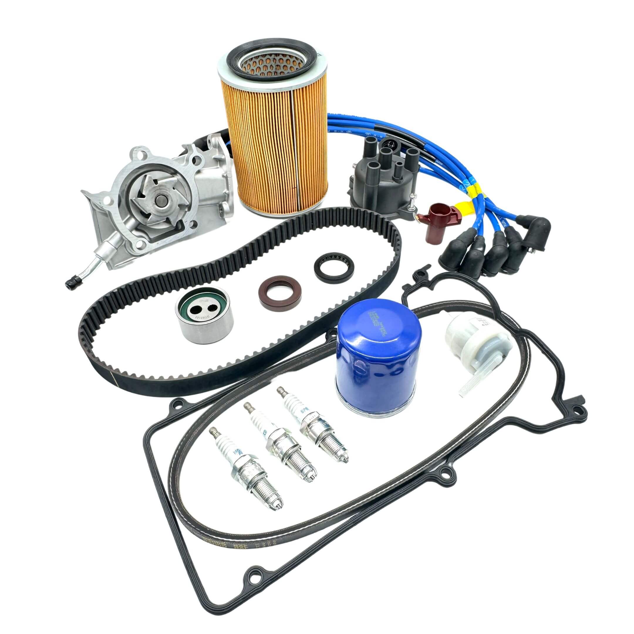 19-piece Timing Belt Kit for Daihatsu Hijet S100P/S110P trucks, including distributor cap, spark plug wire set, water pump, filters, and seals for EFNS engines.