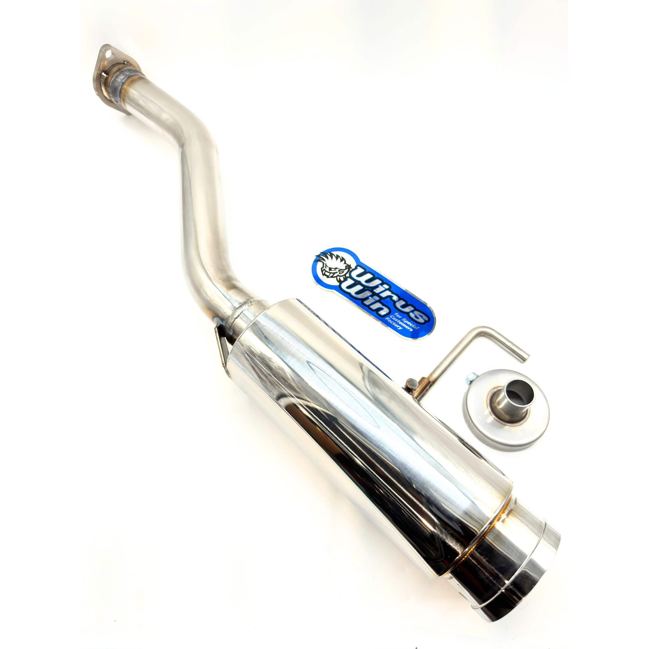 Stainless steel Wirus Win Bazooka Type Muffler for Honda Acty Truck HA3, HA4 models, 1990-1999, showcasing a right-side outlet and included silencer.