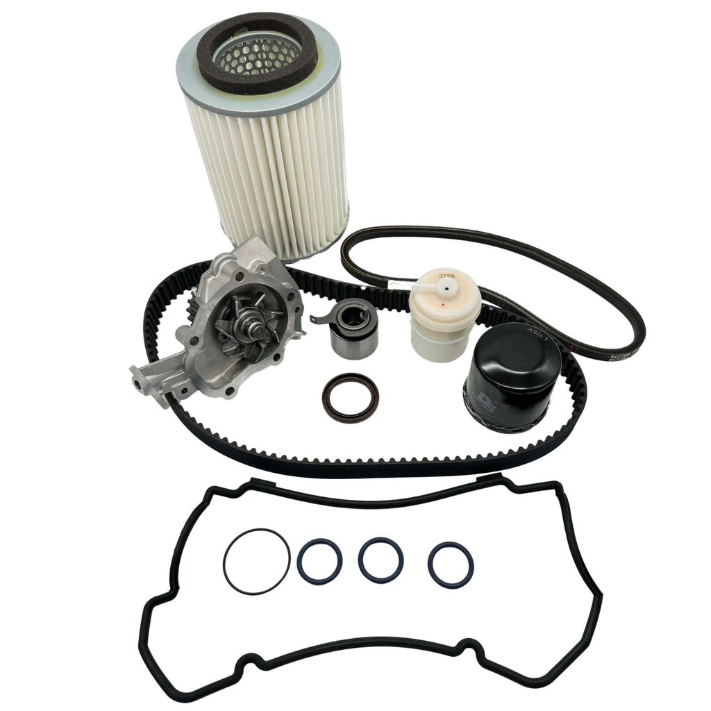 Complete timing belt replacement kit for 1991-1998 Suzuki Carry DC51T/DD51T with water pump, tensioner pulley, idler pulley, cam seal, crank seal, valve cover gasket, air filter, and oil filter.