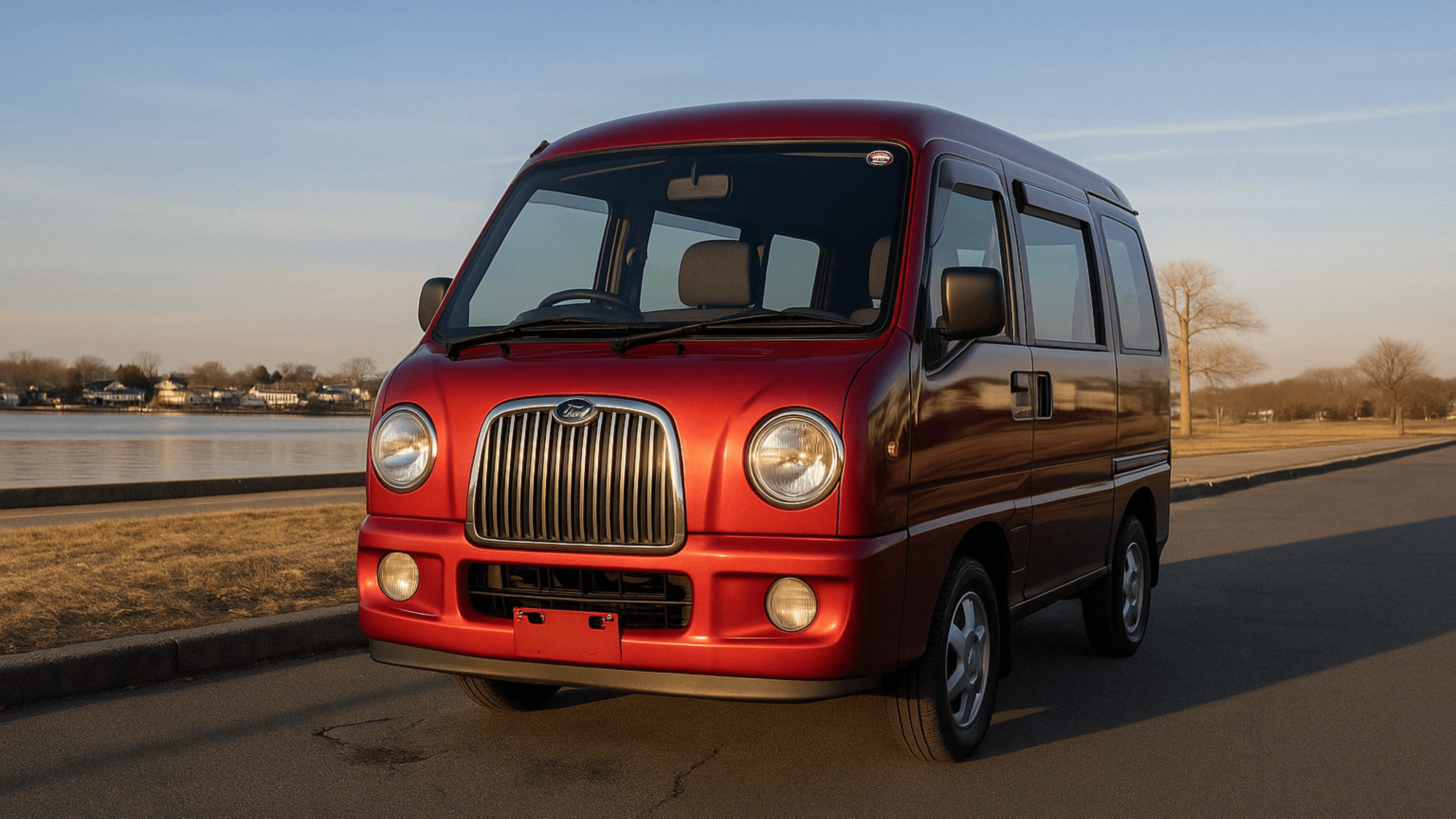 2000 Subaru Sambar TW2 red retro style kei van with classic vertical grille parked on lakeside road at sunset front three quarter view perfect example of Japanese microvan styling