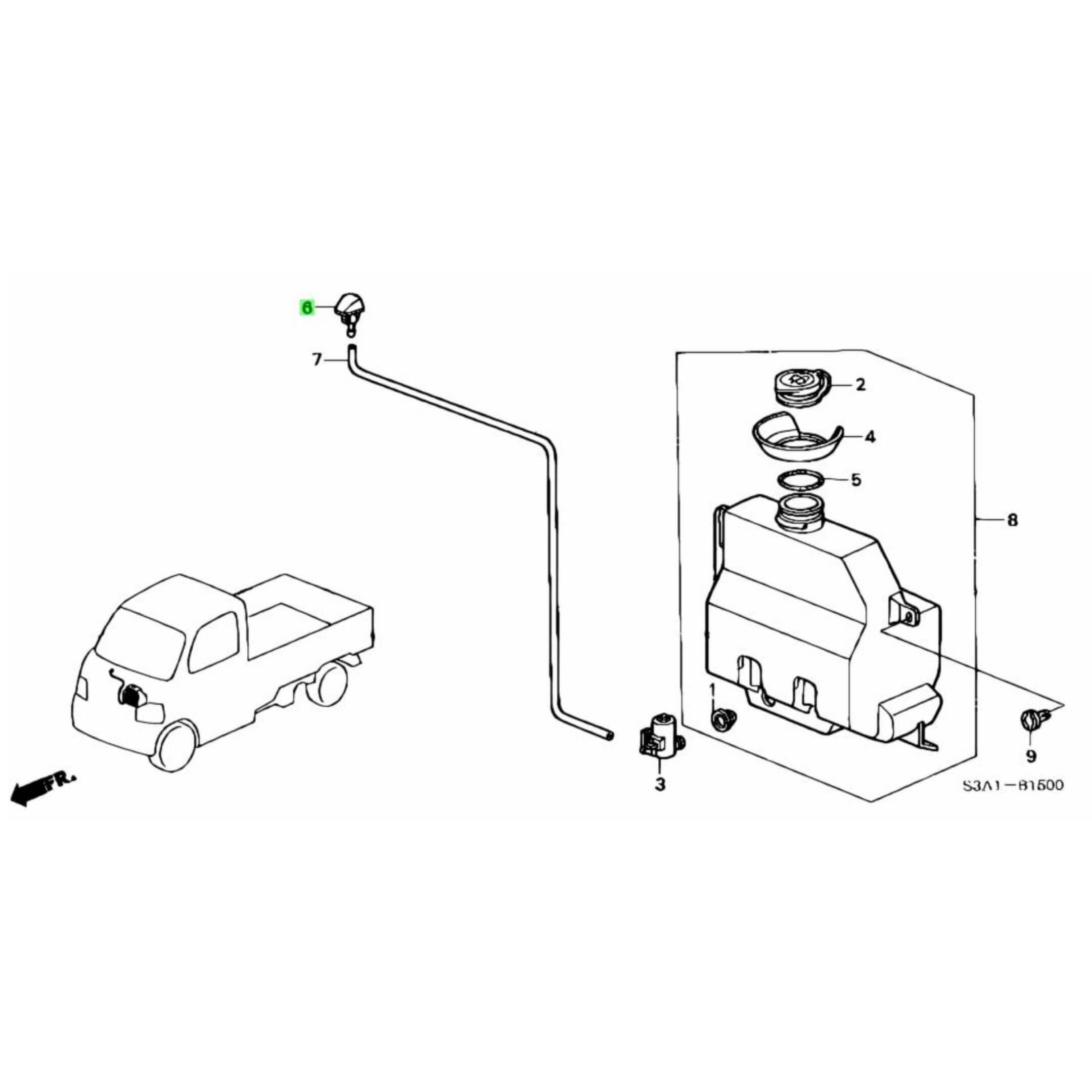 Technical diagram of Windshield Washer Nozzle Front for Honda Acty Van HH5, HH6 Models (1999-2009) showcasing parts layout and connections.