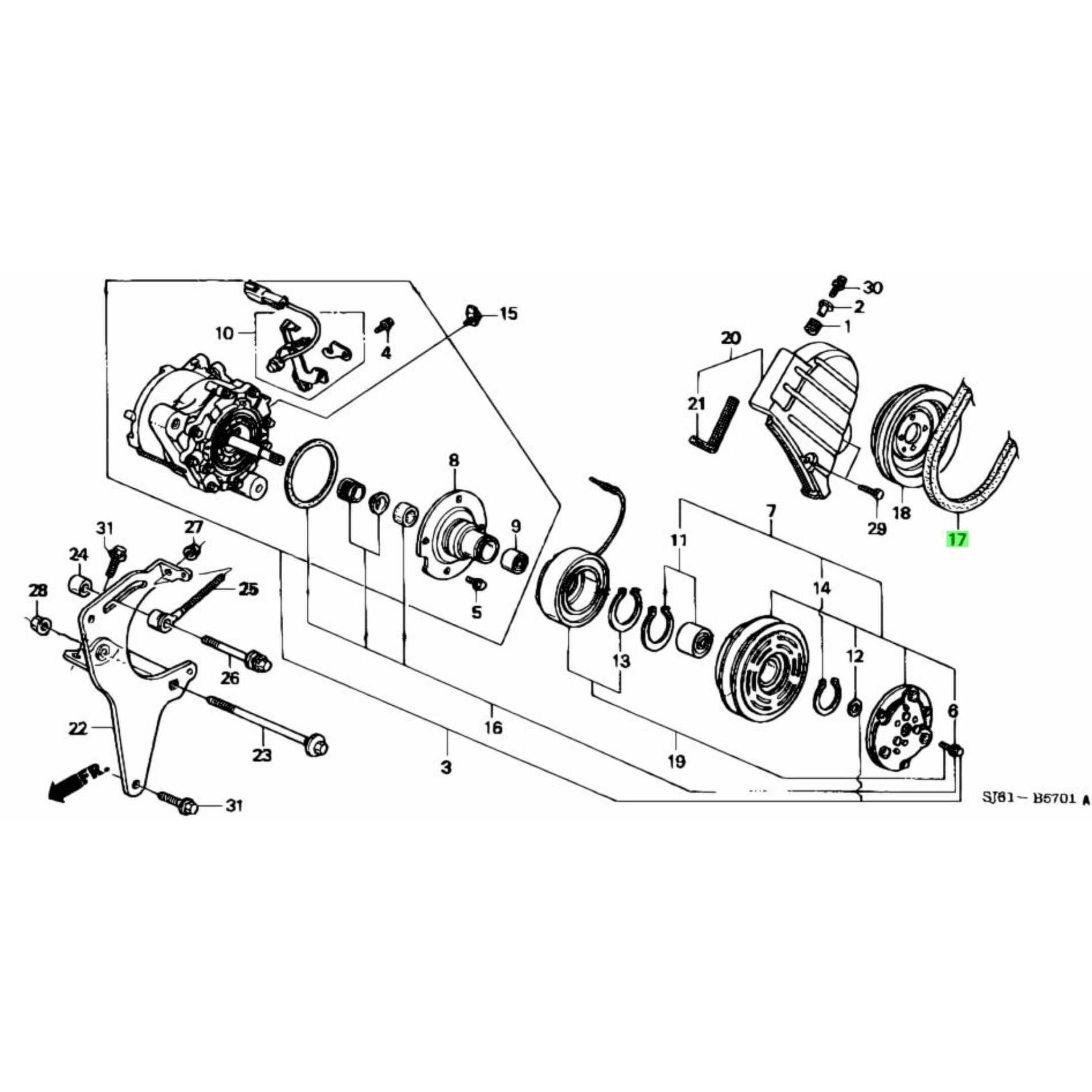 Technical diagram of AC Belt Compressor 210 for Honda Acty Truck HA3, HA4 models from 1990-1999, showcasing detailed parts layout.