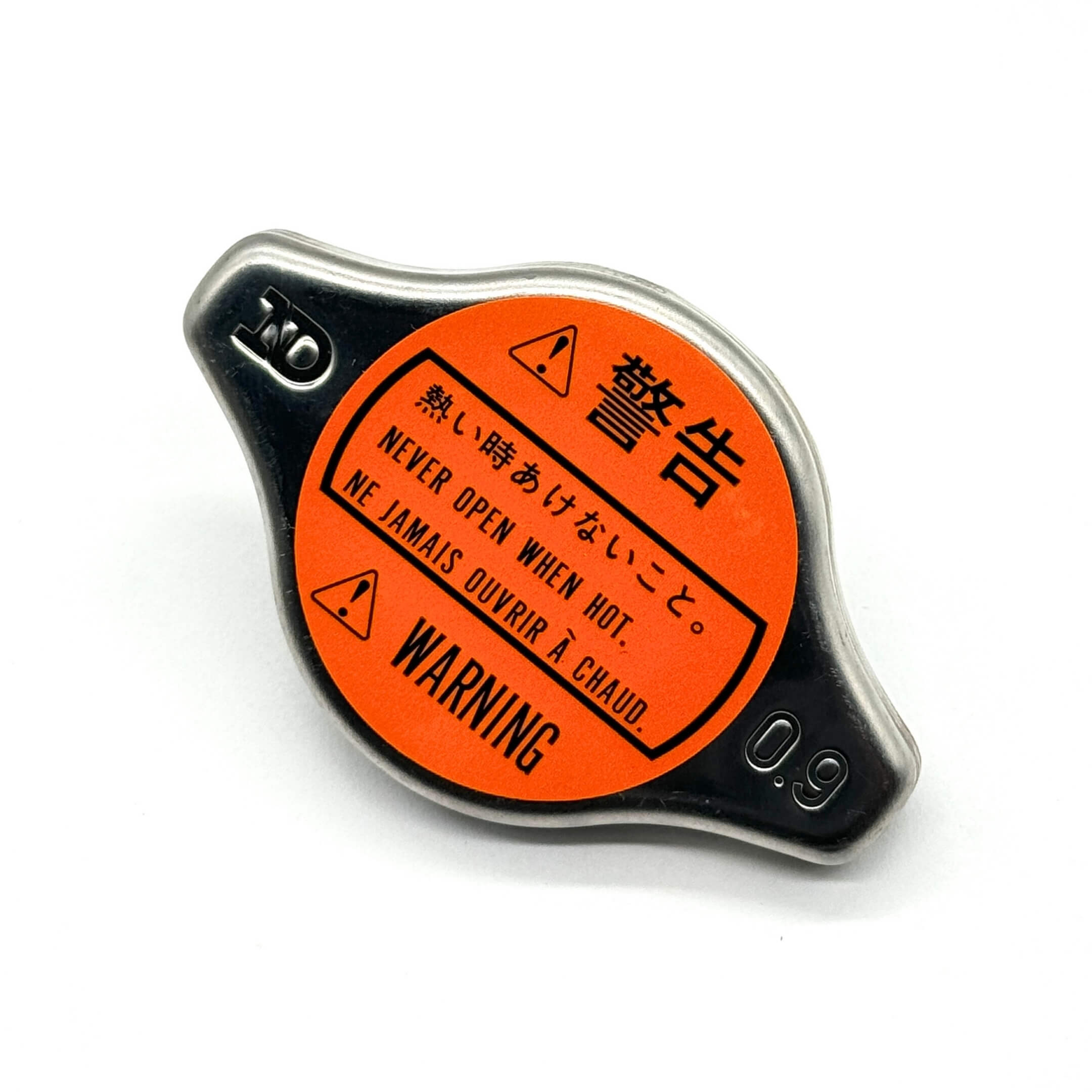 Top view of Daihatsu Hijet Radiator Cap, designed for S100P and S110P models, featuring a clear warning label and durable construction.