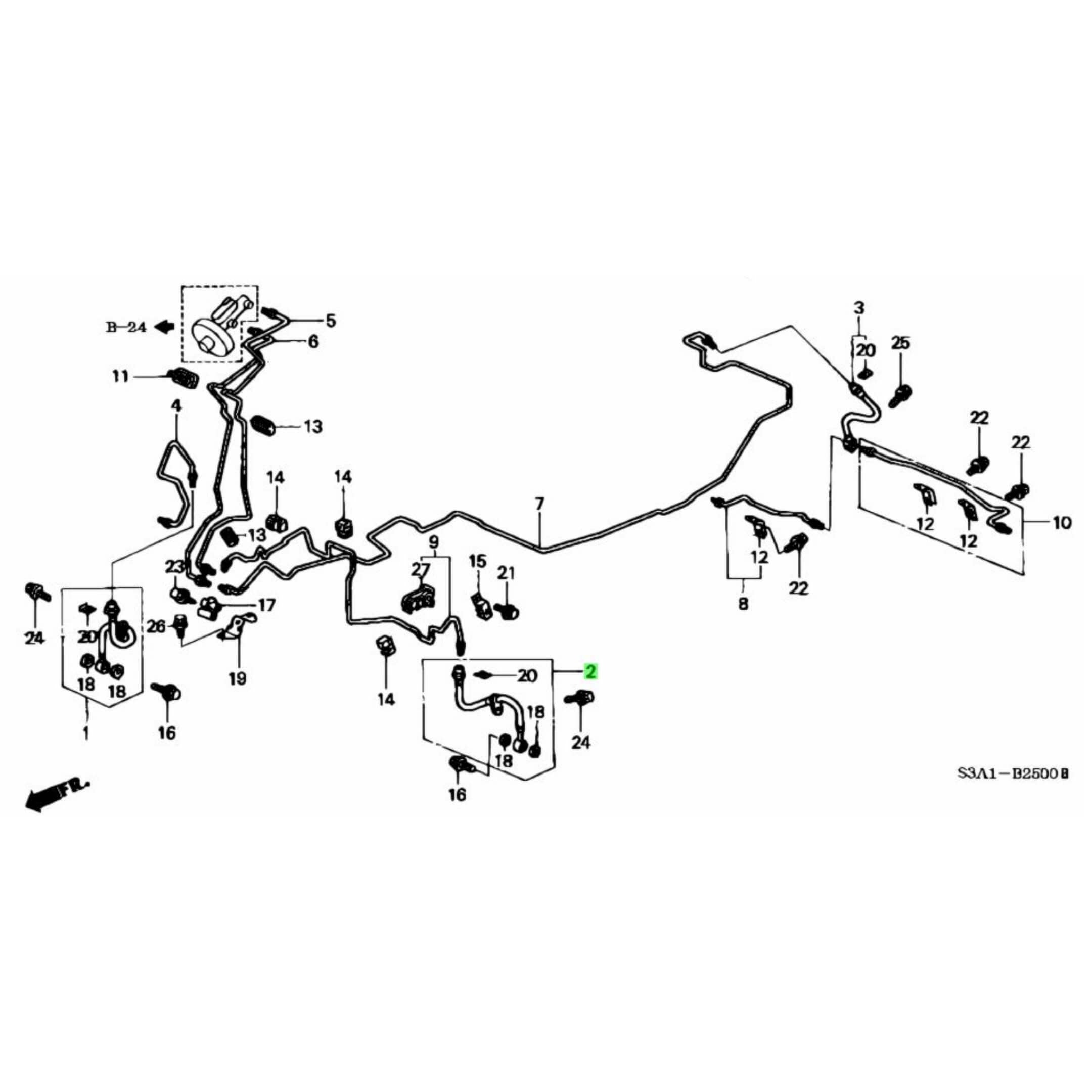 Technical diagram of Brake Hose Set for Front Honda Vamos Van HM1, HM2 Models 1999-2018, featuring detailed parts layout.