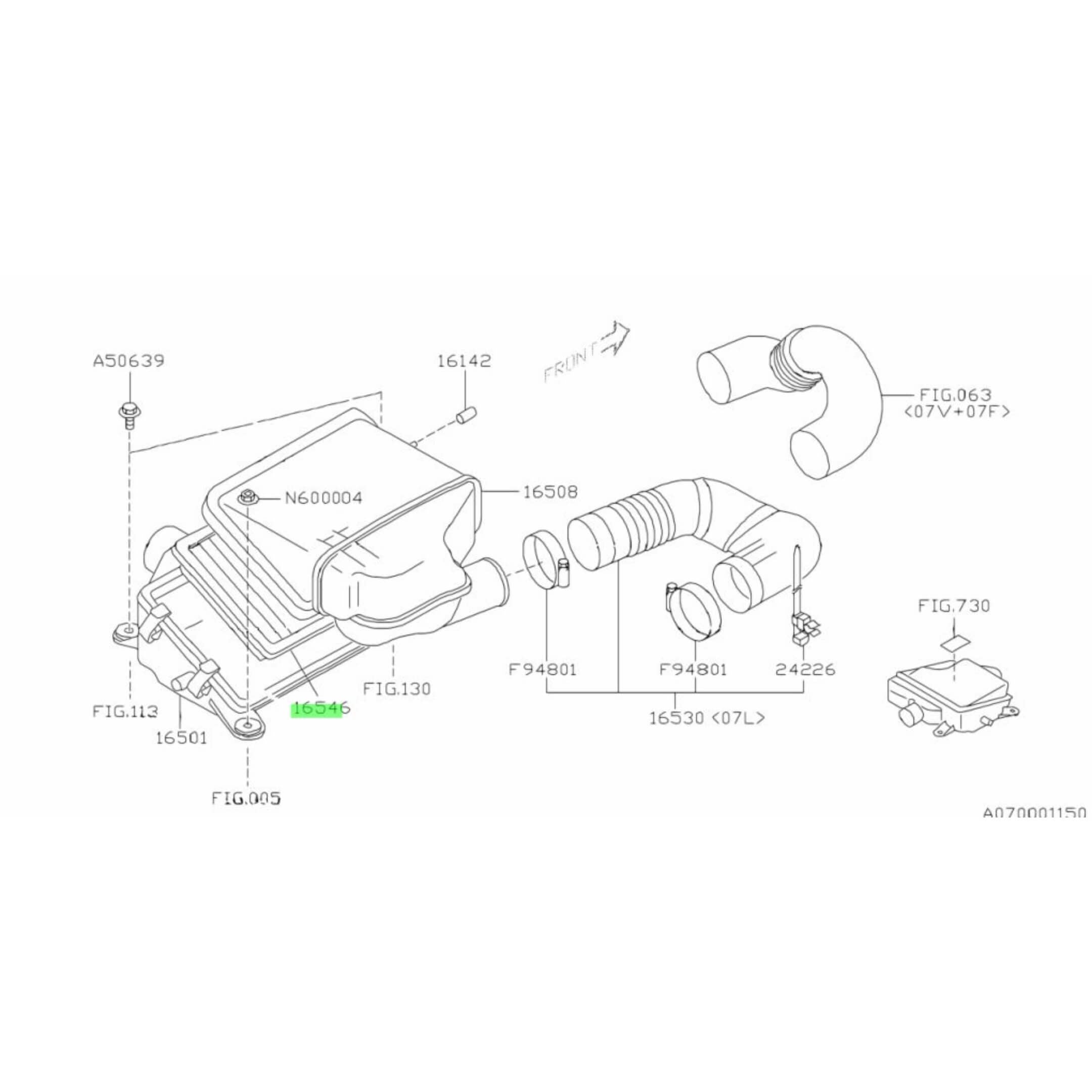 Exploded diagram of Subaru Sambar air intake system, showcasing filter placement (16546).