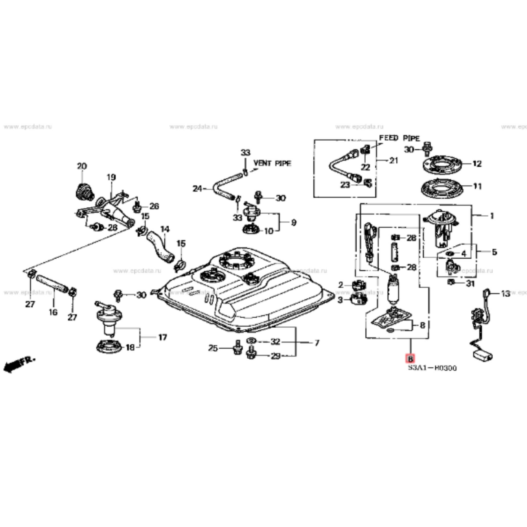 Technical diagram of an aftermarket fuel pump for Honda Vamos Van HM1, HM2 models (1999-2018), showcasing detailed components and assembly layout.