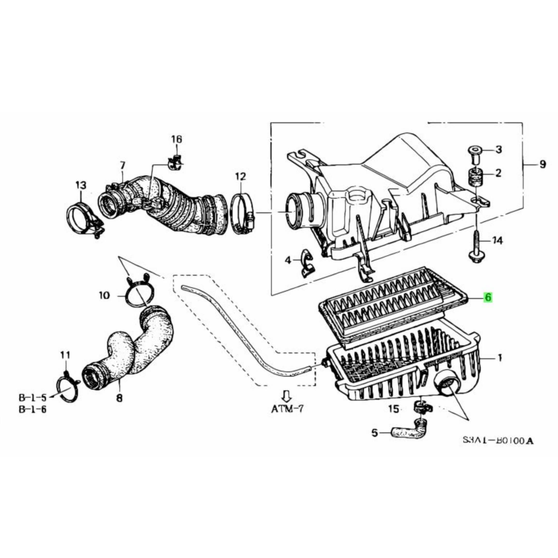 Exploded diagram showing air filter placement for Honda Acty HA6, HA7 models, ensuring proper installation."