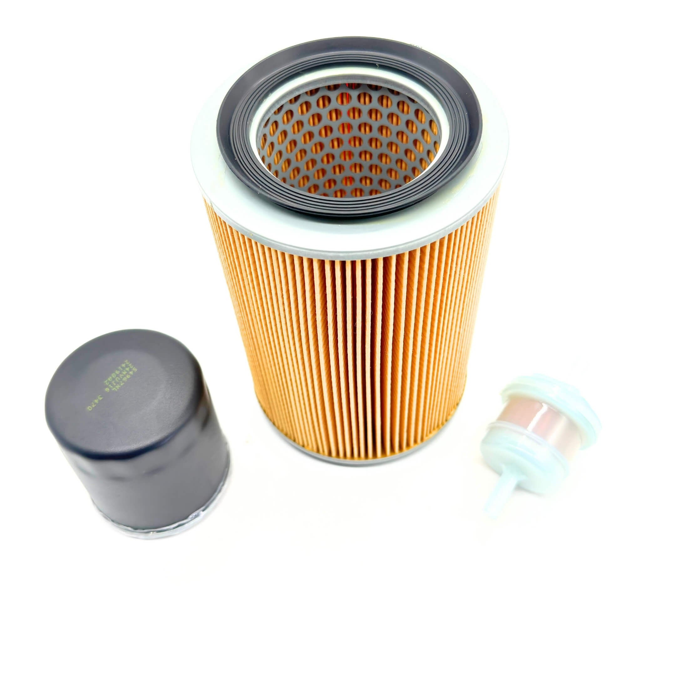 Top view of air, fuel, and oil filters included in the Daihatsu Hijet S110P 3-piece filter kit, compatible with Daihatsu Midget K100 vehicles.