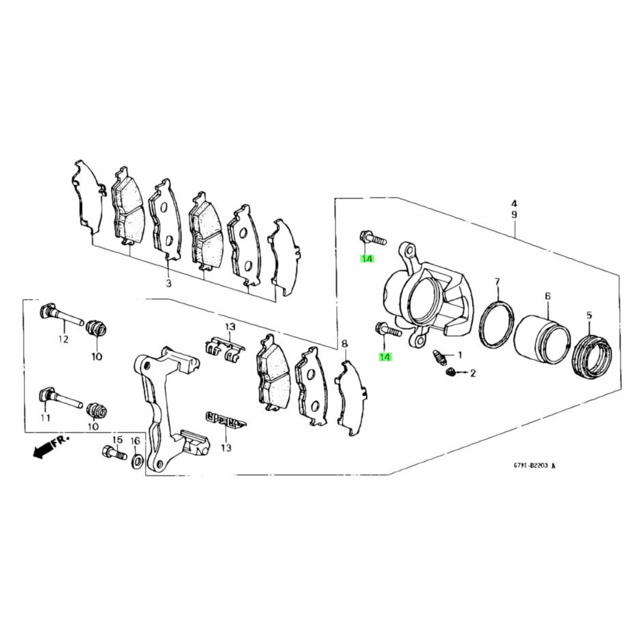 Diagram showing Brake Caliper Flange Bolt location for Honda Acty Truck HA3 HA4 models (1990-1999).