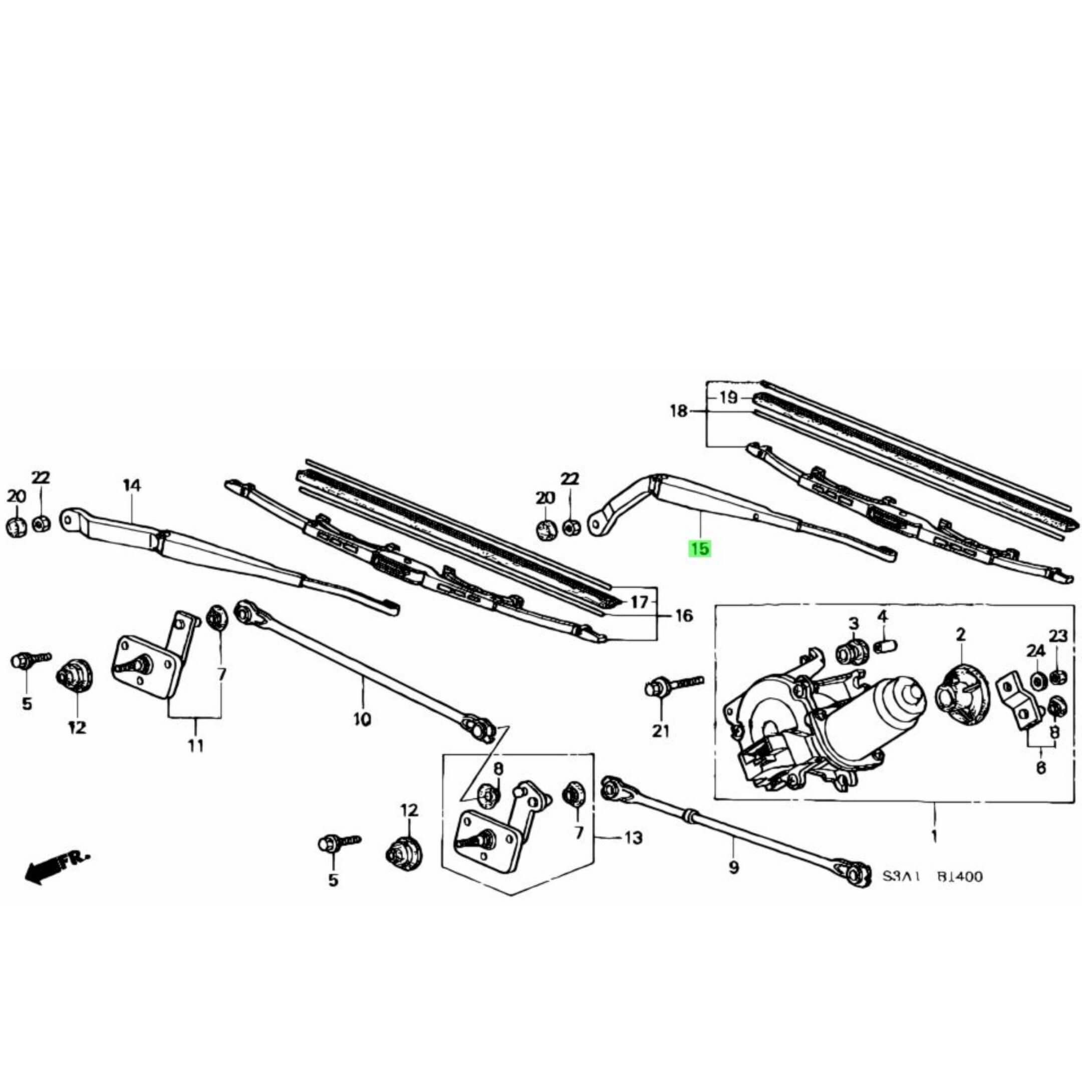 Diagram of wiper assembly components for Honda Acty HA6, HA7 trucks, highlighting the passenger-side wiper arm (part #15).