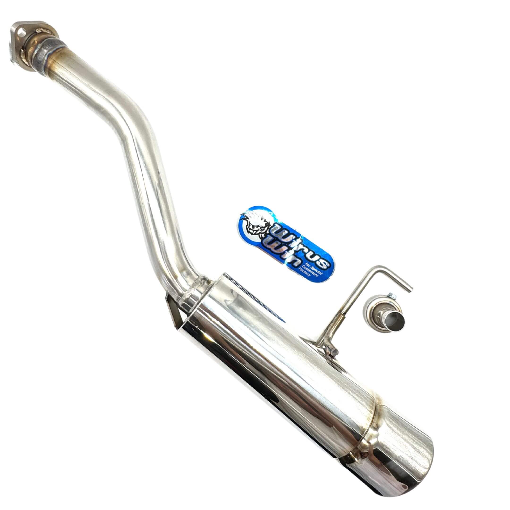 Side view of Wirus Win Popper Muffler - Stainless steel exhaust for Honda Acty Truck, includes a removable silencer and gasket.