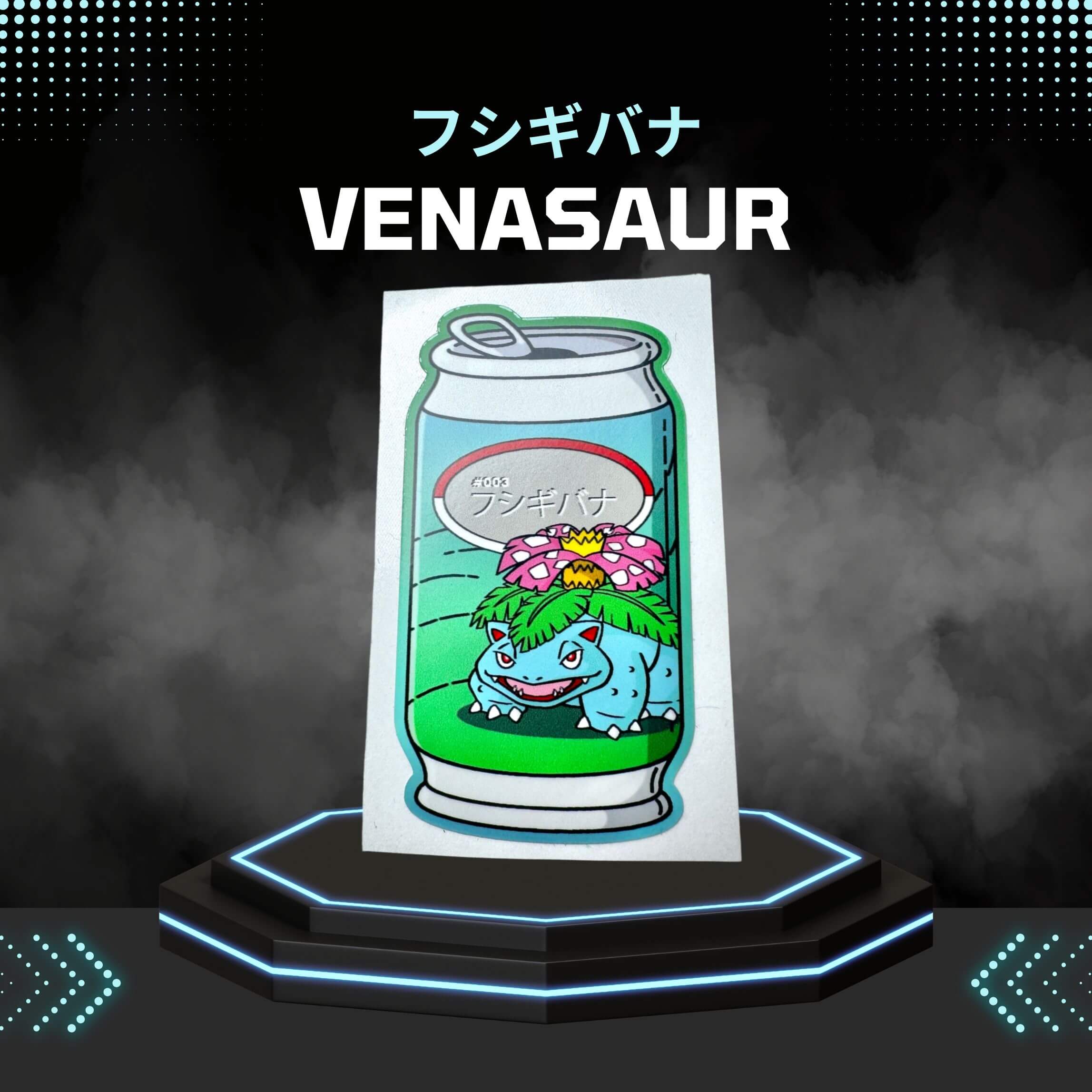 Venusaur Pokémon sticker featuring a bold can design, perfect for customizing Japanese mini trucks or accessories, sized 2x3.5 inches.