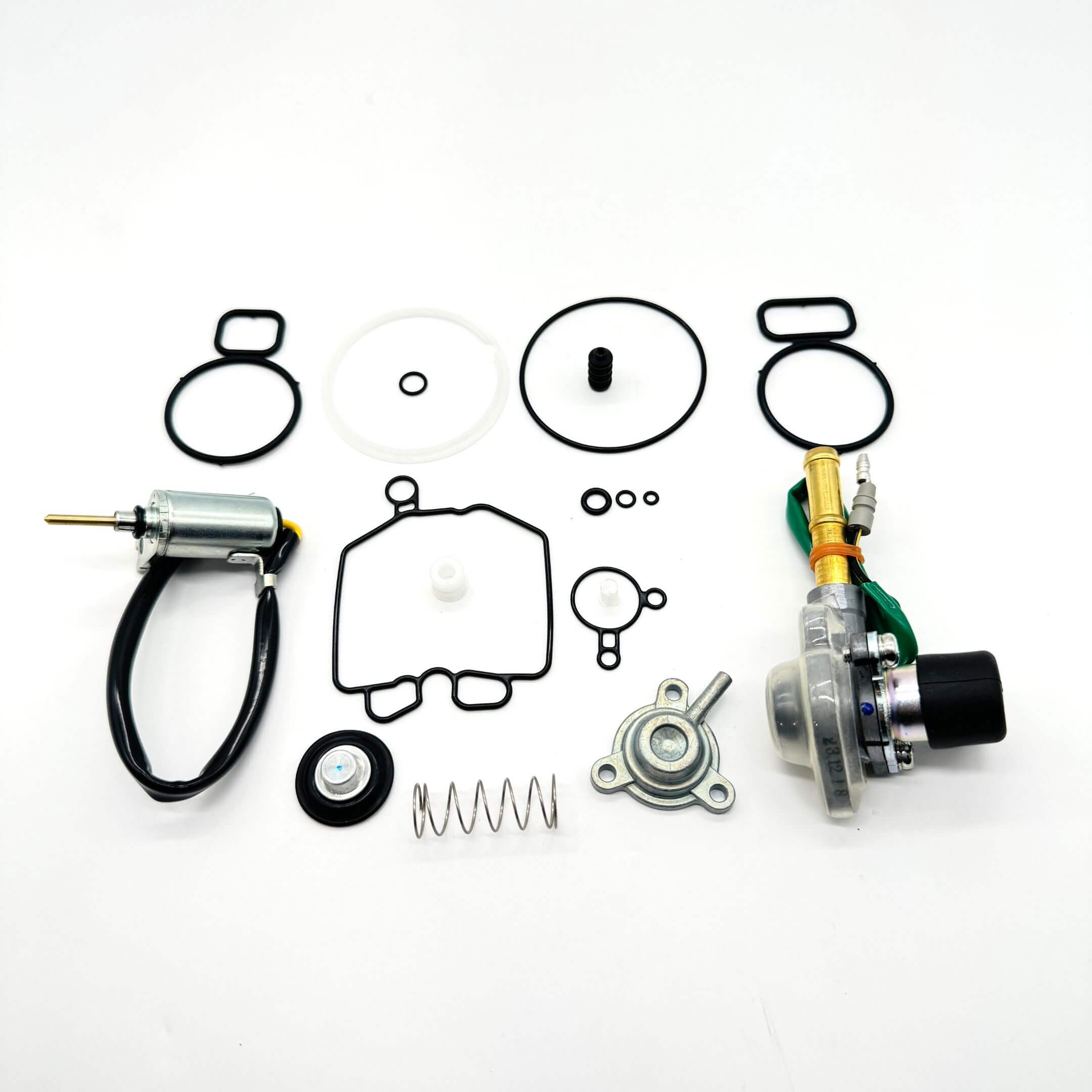 19 Piece Carburetor Rebuild Kit for Honda Acty Truck HA3, HA4 Models 1990-1999 featuring fuel cut solenoid, air solenoid diaphragm set, O-Rings, and gaskets