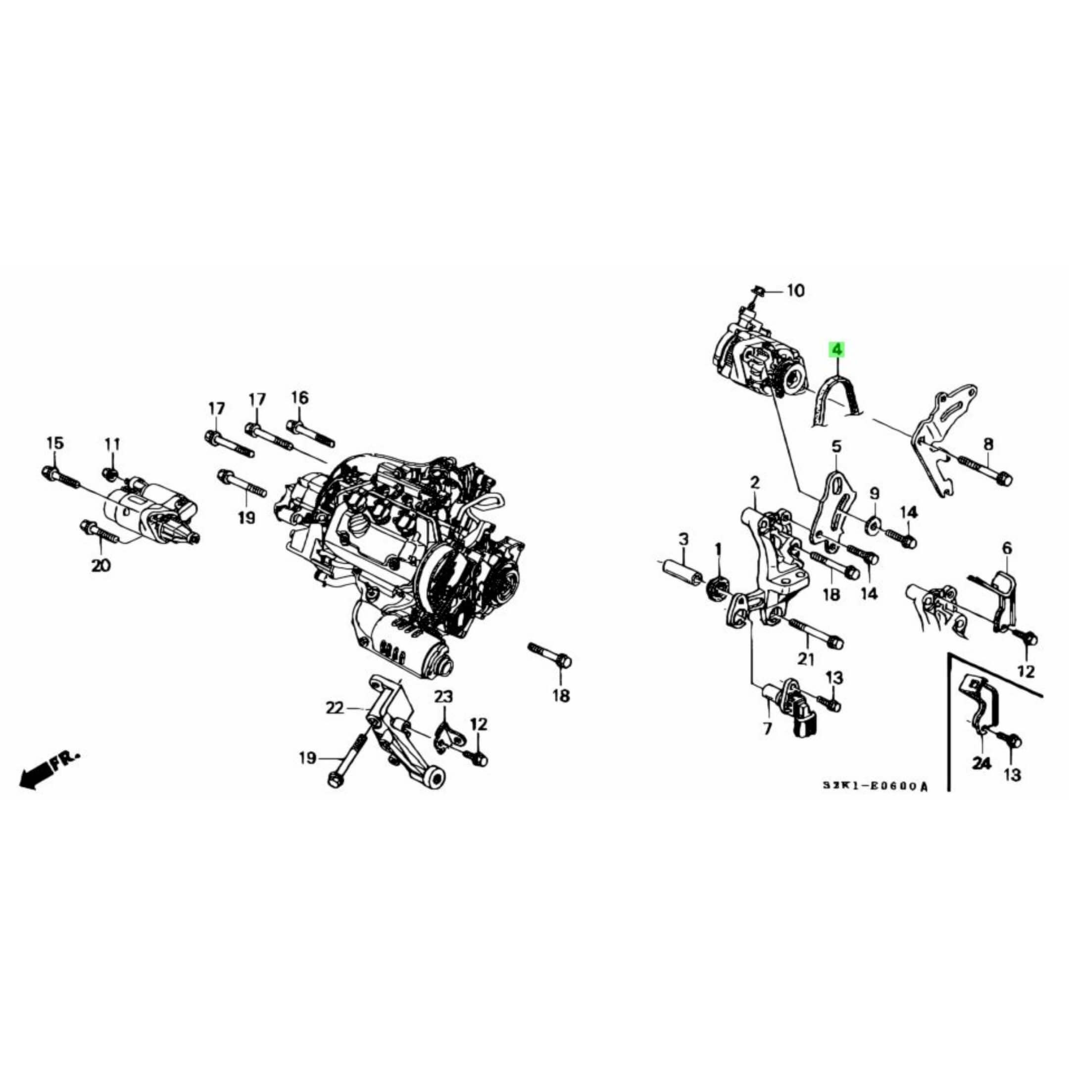 Exploded diagram highlighting the placement of the alternator belt in Honda Acty HA6, HA7 trucks from 1999-2009.