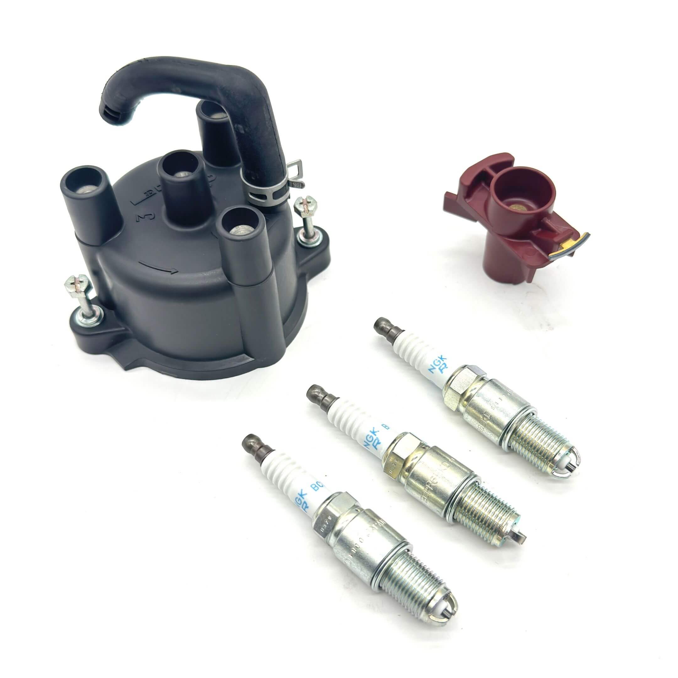 EM ignition kit with distributor cap, rotor, and NGK spark plugs for Daihatsu Hijet S100P/S110P EFI EFTS, EFES engines, providing consistent spark delivery.