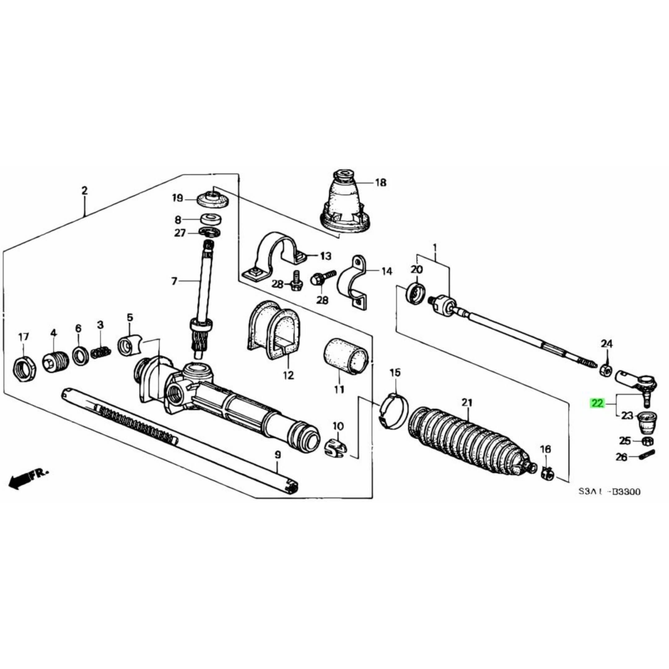 Technical diagram of Outer Tie Rod End for Honda Vamos Van HM1, HM2 Models (1999-2018), showcasing detailed parts and assembly.