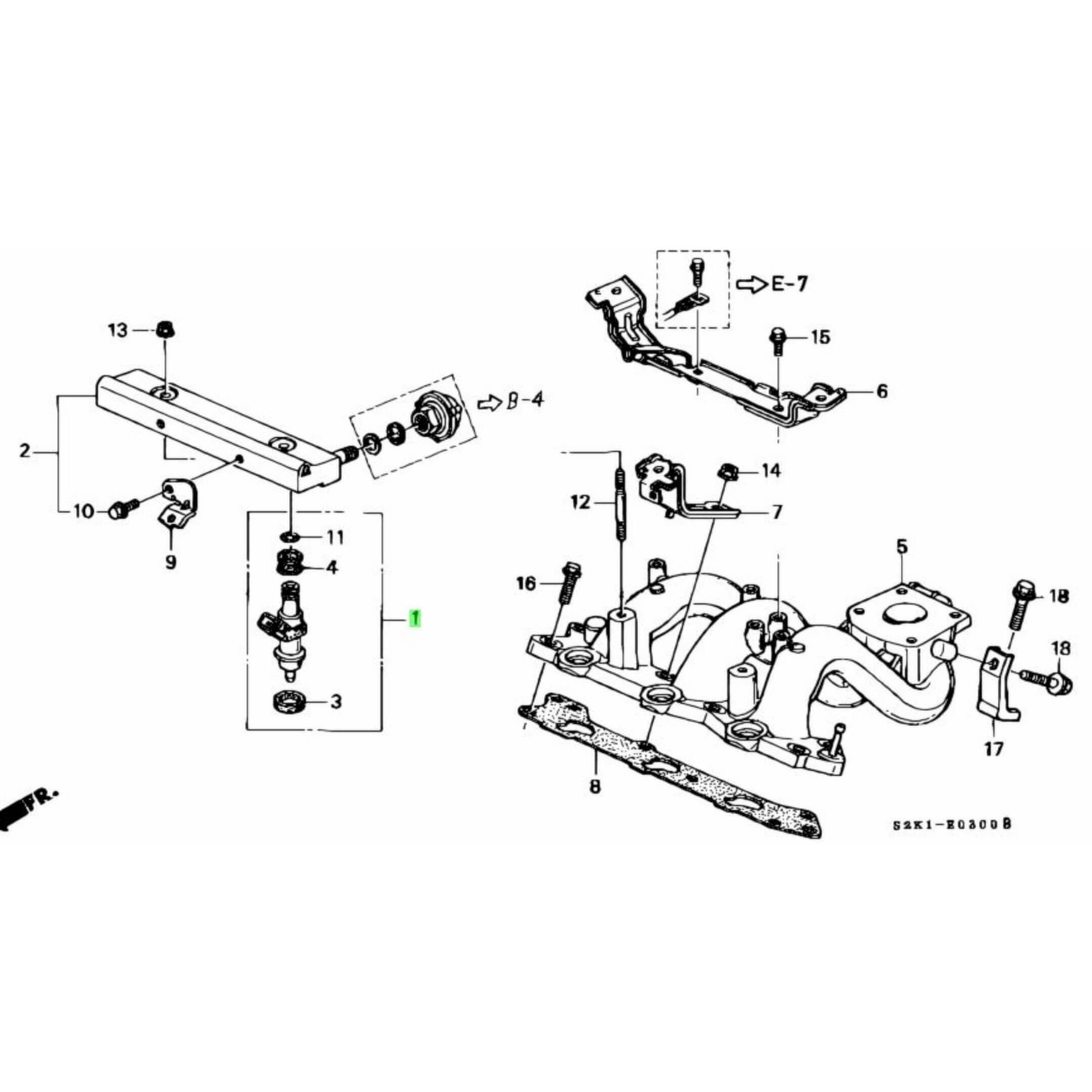 Honda Acty HA7 engine diagram highlighting the placement of the OEM fuel injector component.