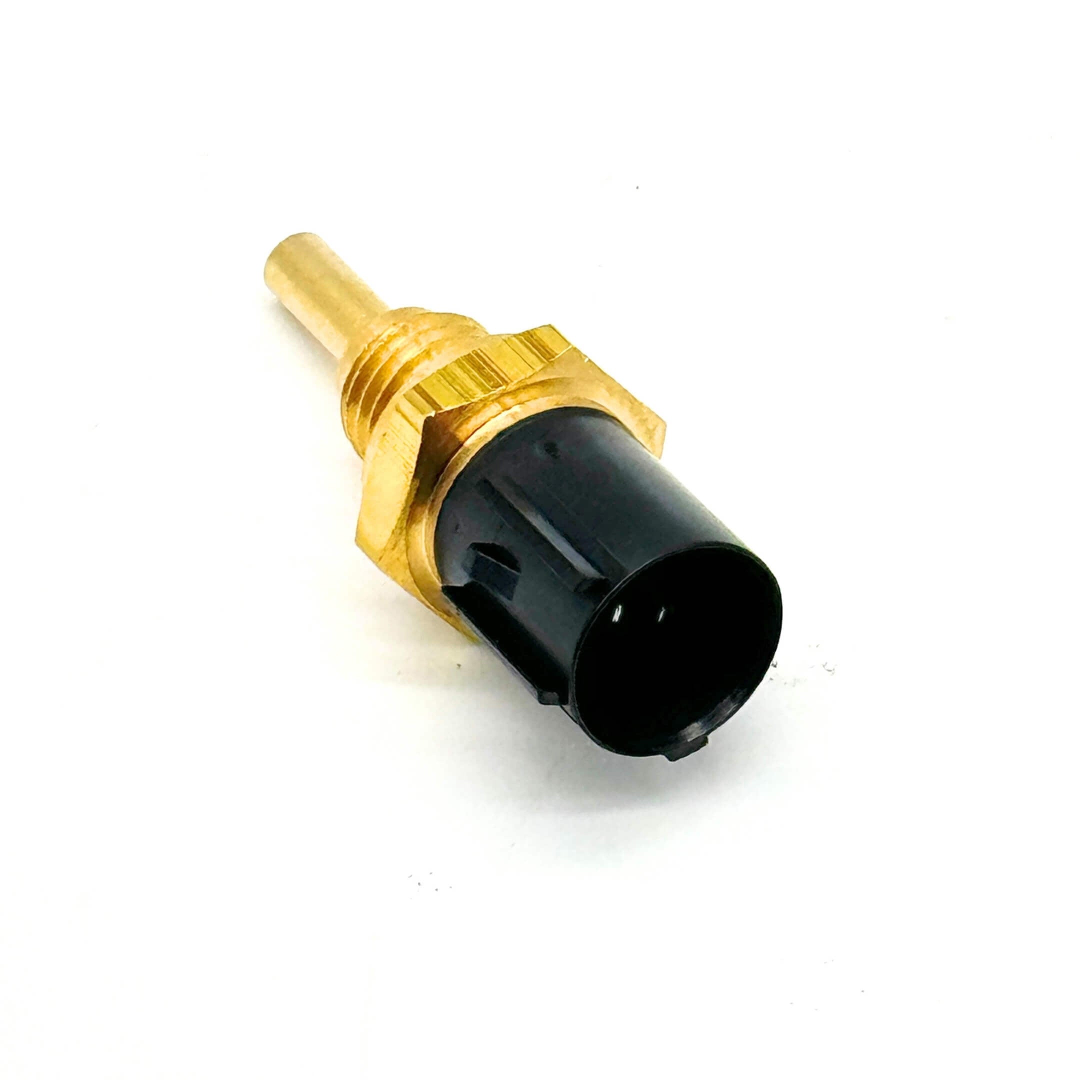 Side angle of the Honda Acty Water Temperature Sensor, highlighting its durable brass construction and black connector casing.